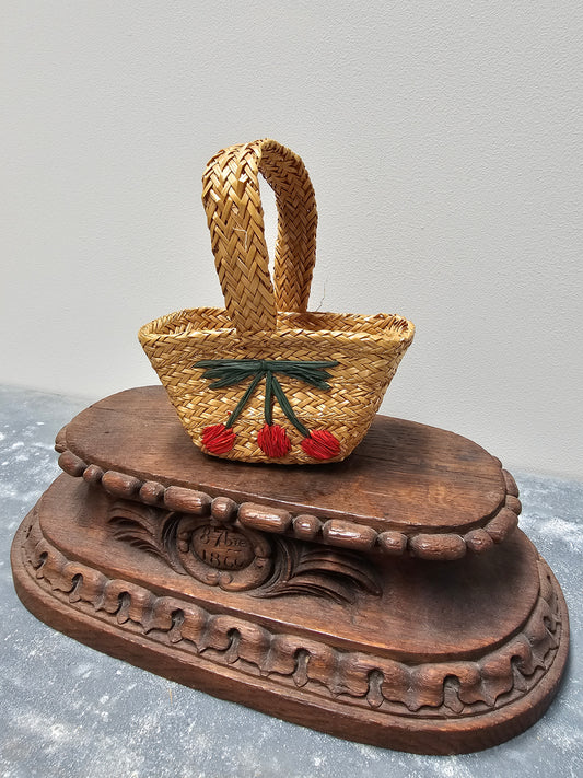 Vintage French Petite Cherry Raffia Basket