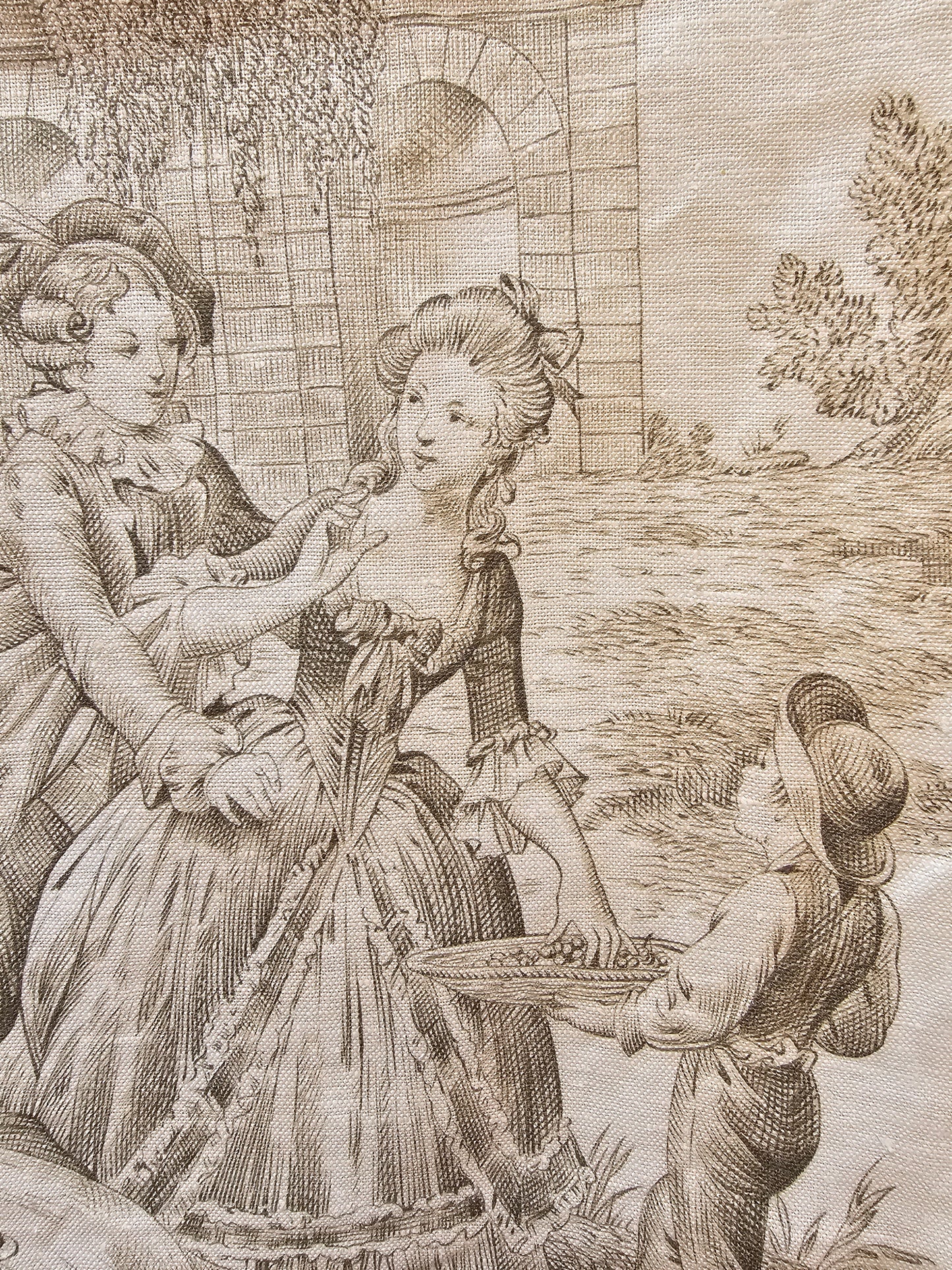 Antique French 'Garden Party' Green Toile Fabric Cotton Piece