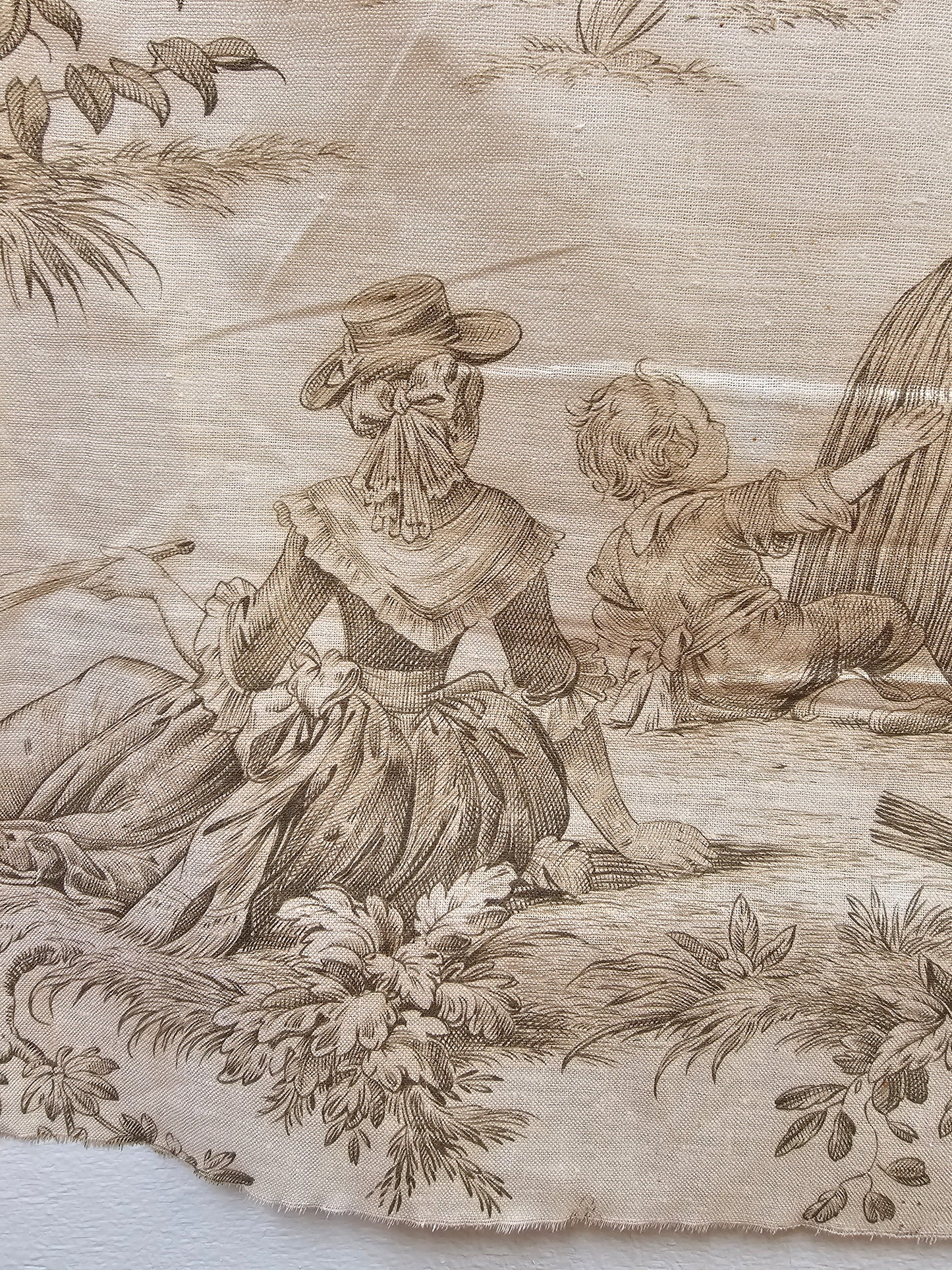 Antique French 'Hoop Game' Green Toile Fabric Cotton Piece