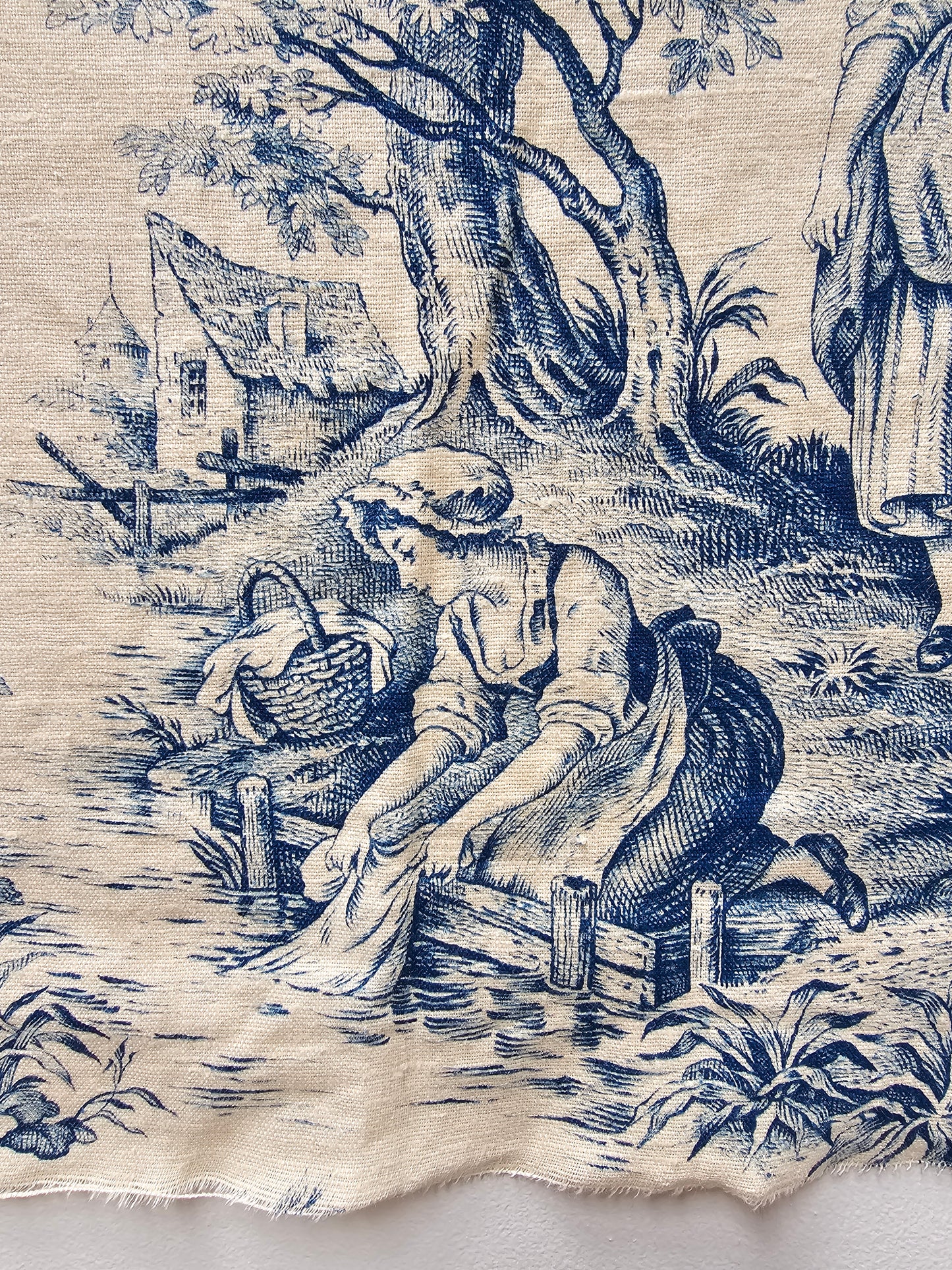 Antique French Blue 'Picnic & Fishing' Toile Fabric Linen Piece 30x80cm