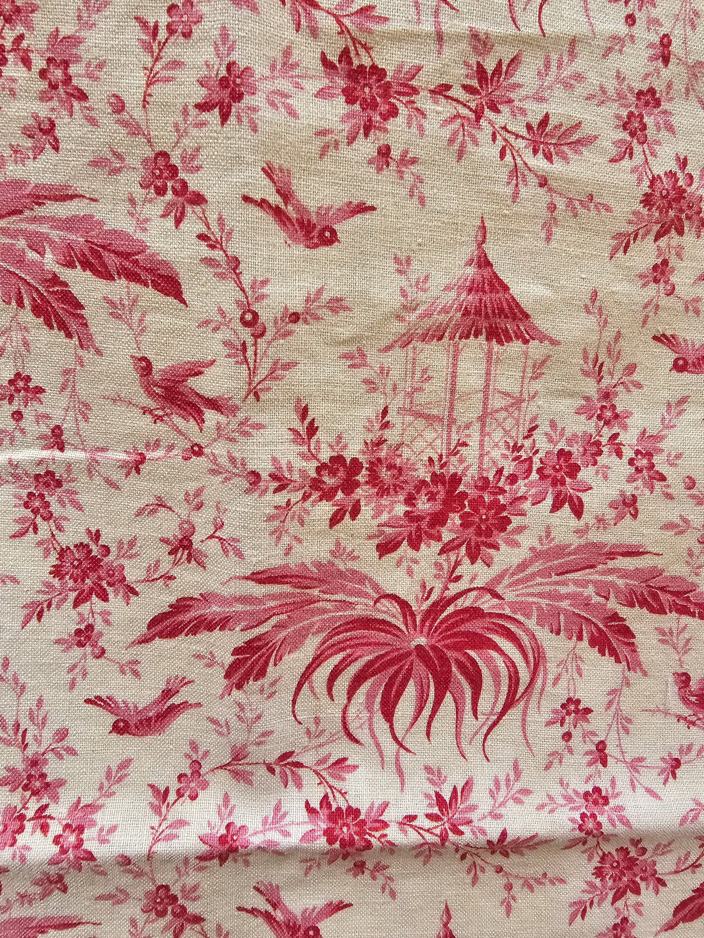 Antique French 'Garden Pavilion' Raspberry Toile Fabric Cotton Piece 50x50cm