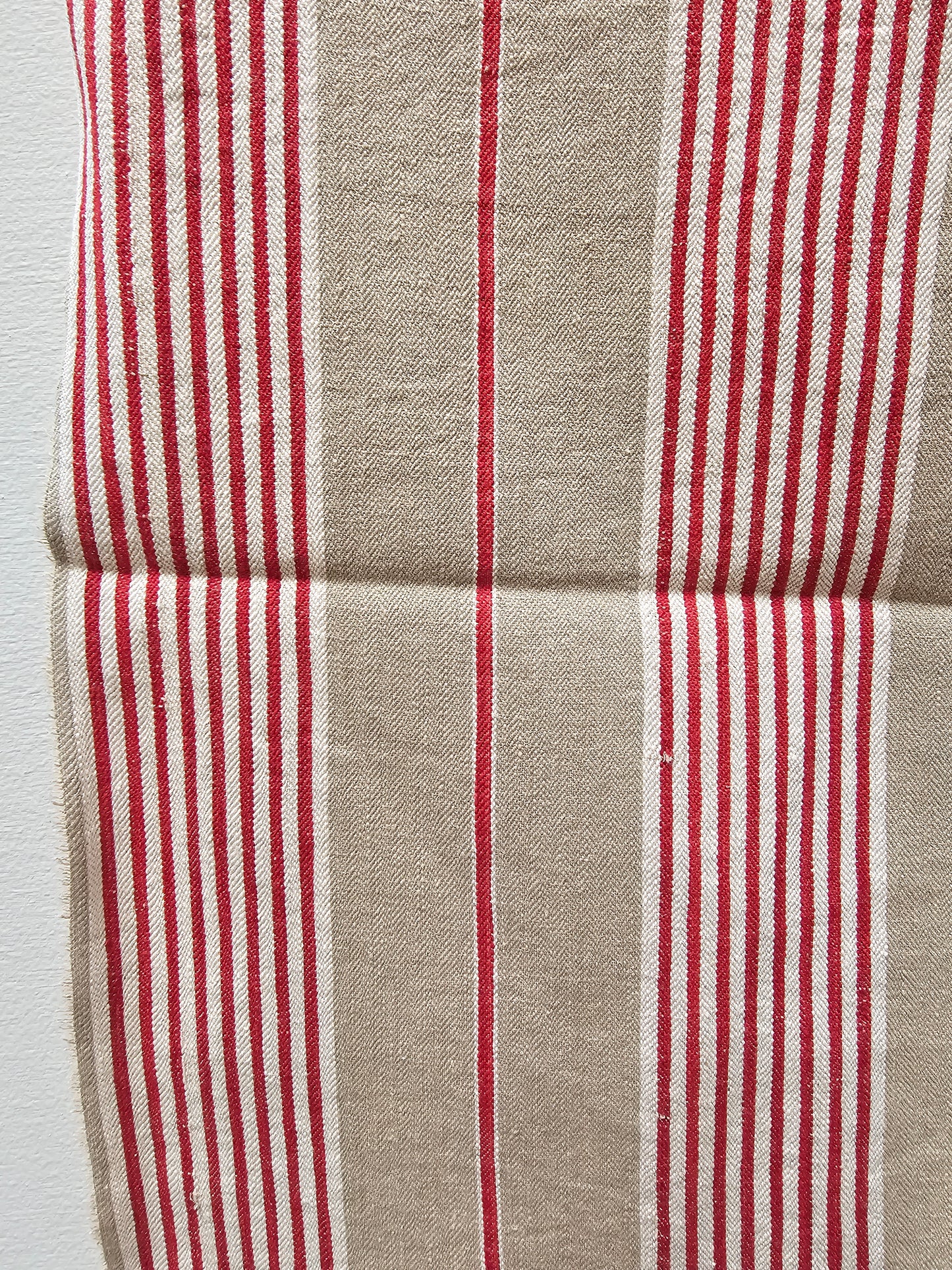 Antique French Red & Taupe Ticking Stripe Fabric Cotton Piece 40x50cm