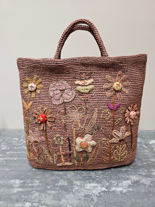 Sophie Digard Large Pink Raffia Flower Garden Bag