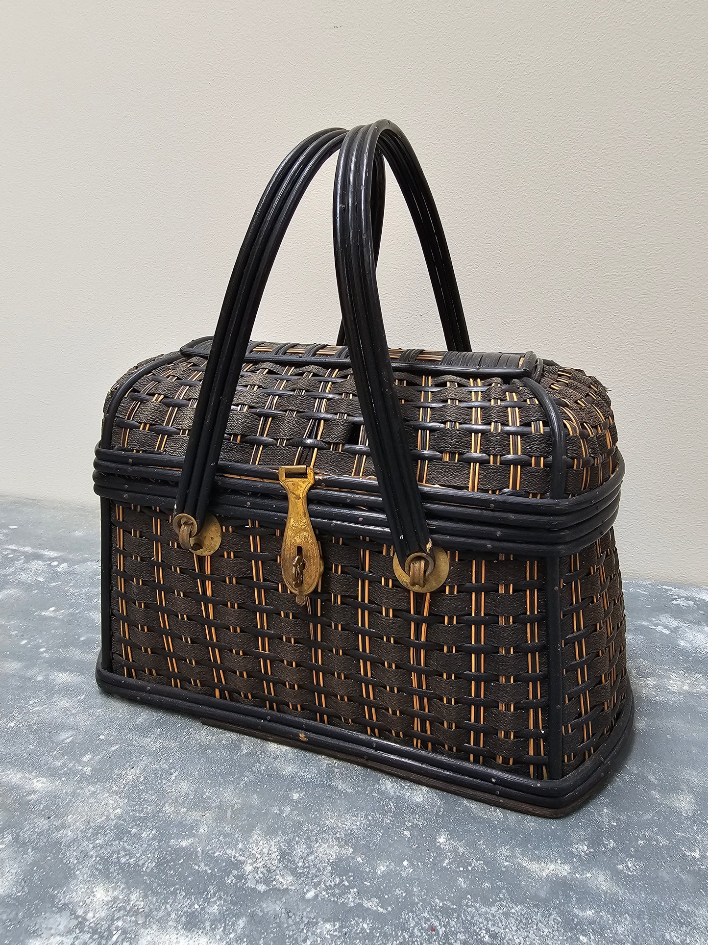 Antique French Art Deco Cane Basket - Black & Ecru