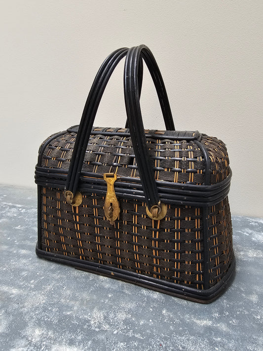 Antique French Art Deco Cane Basket - Black & Ecru