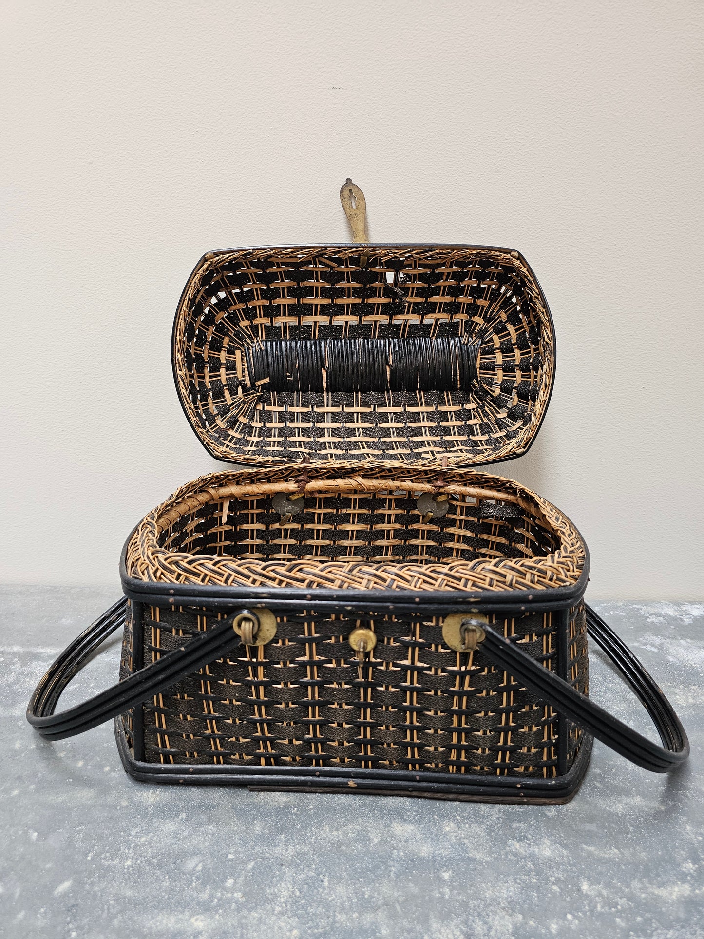Antique French Art Deco Cane Basket - Black & Ecru