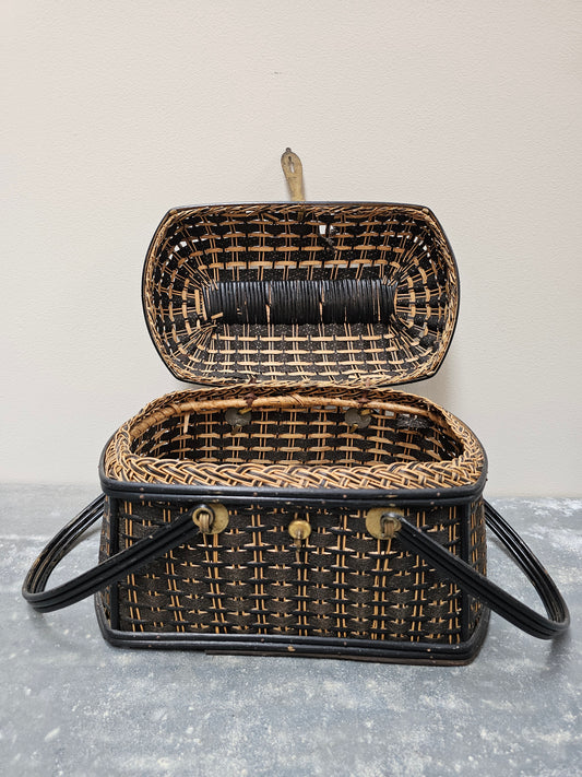 Antique French Art Deco Cane Basket - Black & Ecru