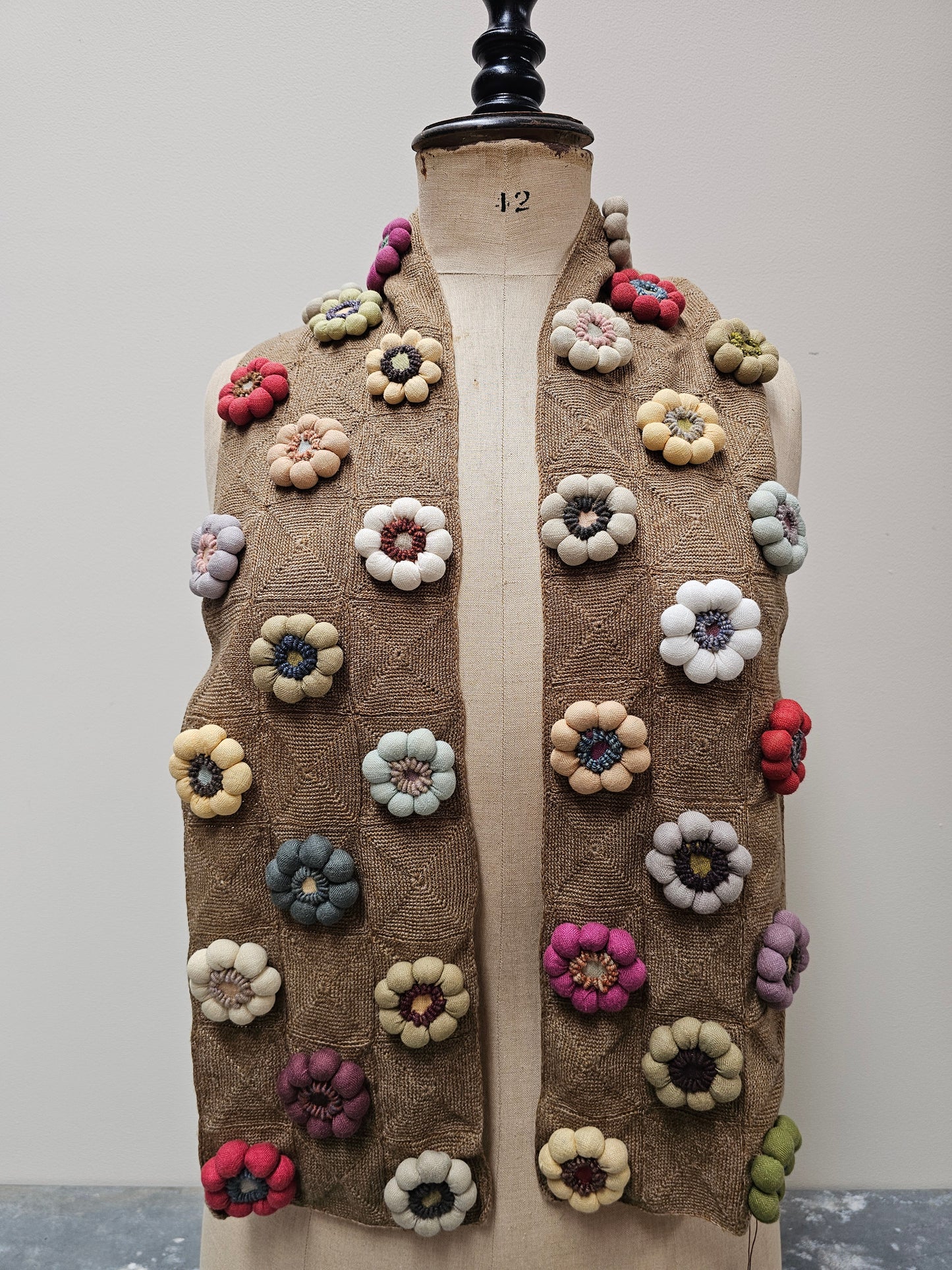 Sophie Digard Latte Crochet Wool Scarf with Large Bobble Flowers