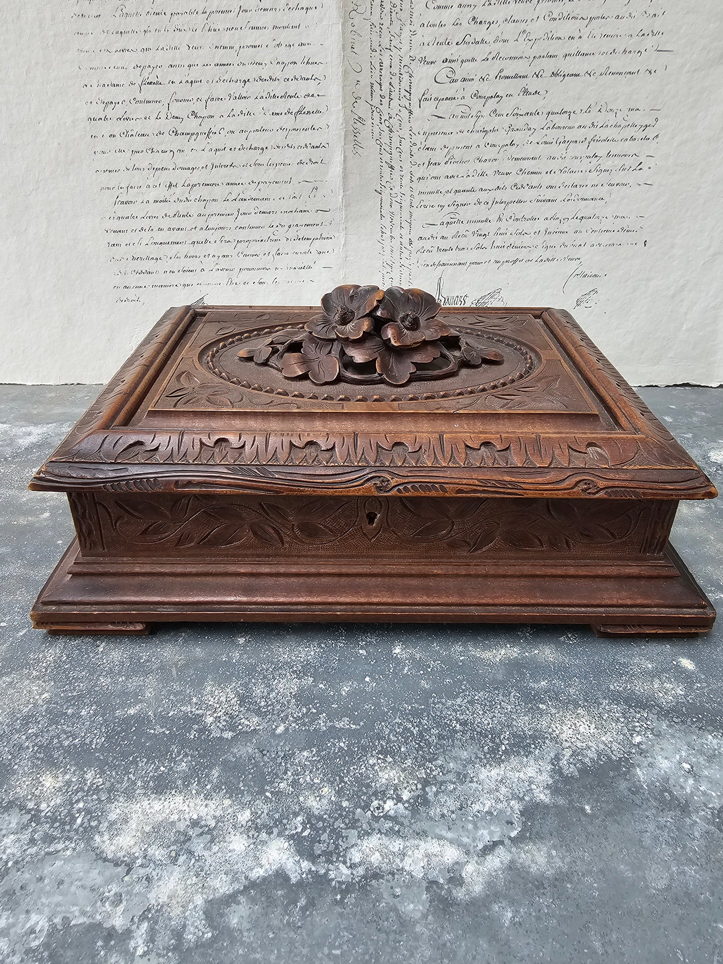 Vintage French 'Flowers' Black Forest Carved Wooden Box