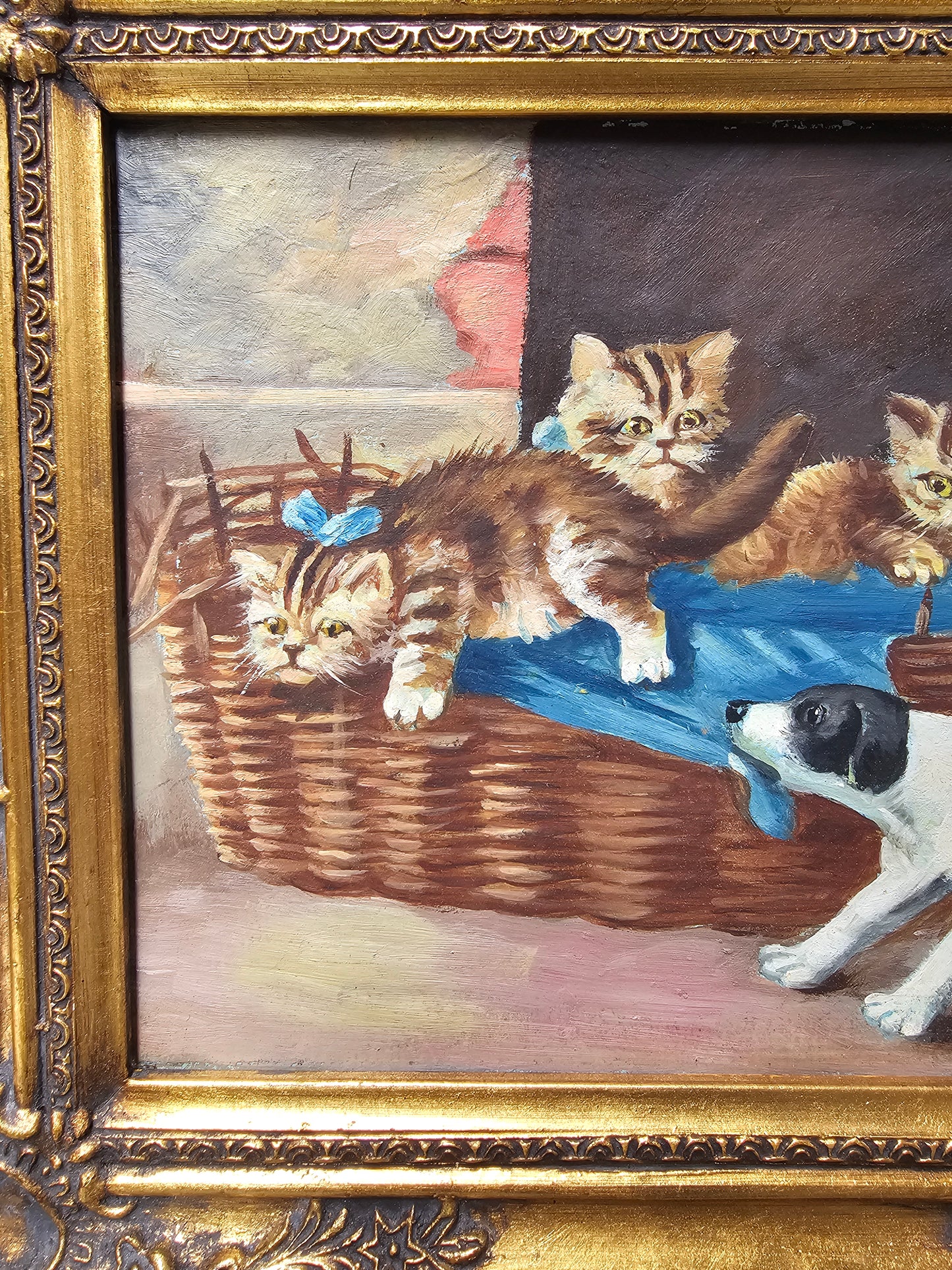 Vintage European Kittens & Puppy Framed Painting