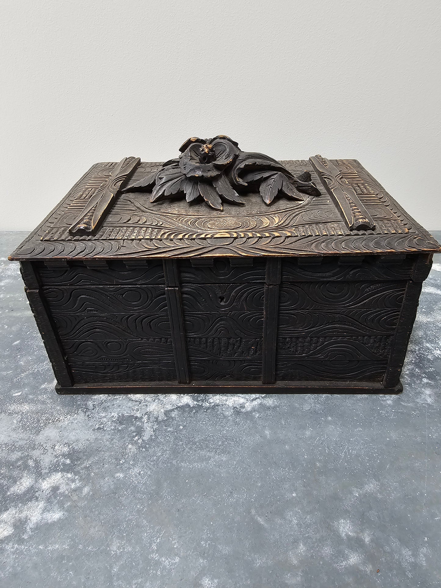 Antique French Large Black Forest Carved Wooden Box