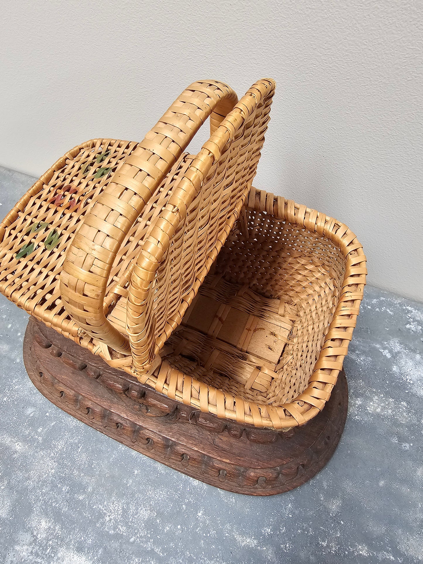 Antique French Petite Floral Cane Picnic/Sewing Basket
