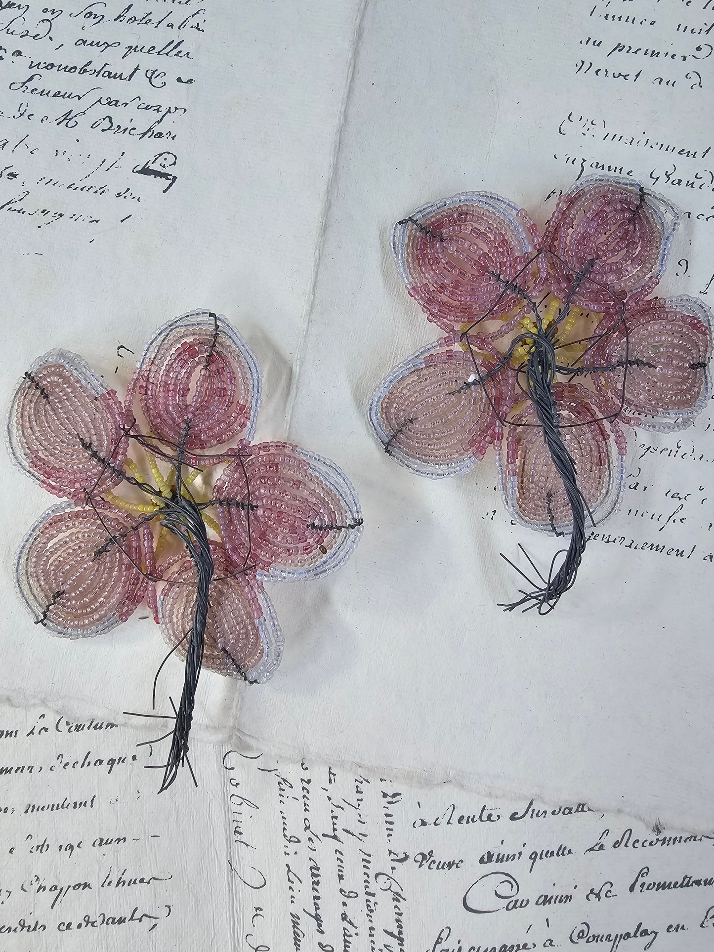 Antique French Glass Beaded Flower Pair