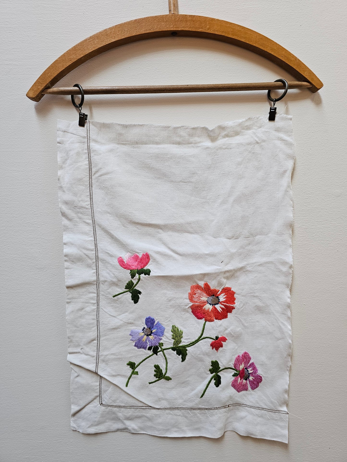Vintage French Floral Embroidered Fabric Cotton Piece
