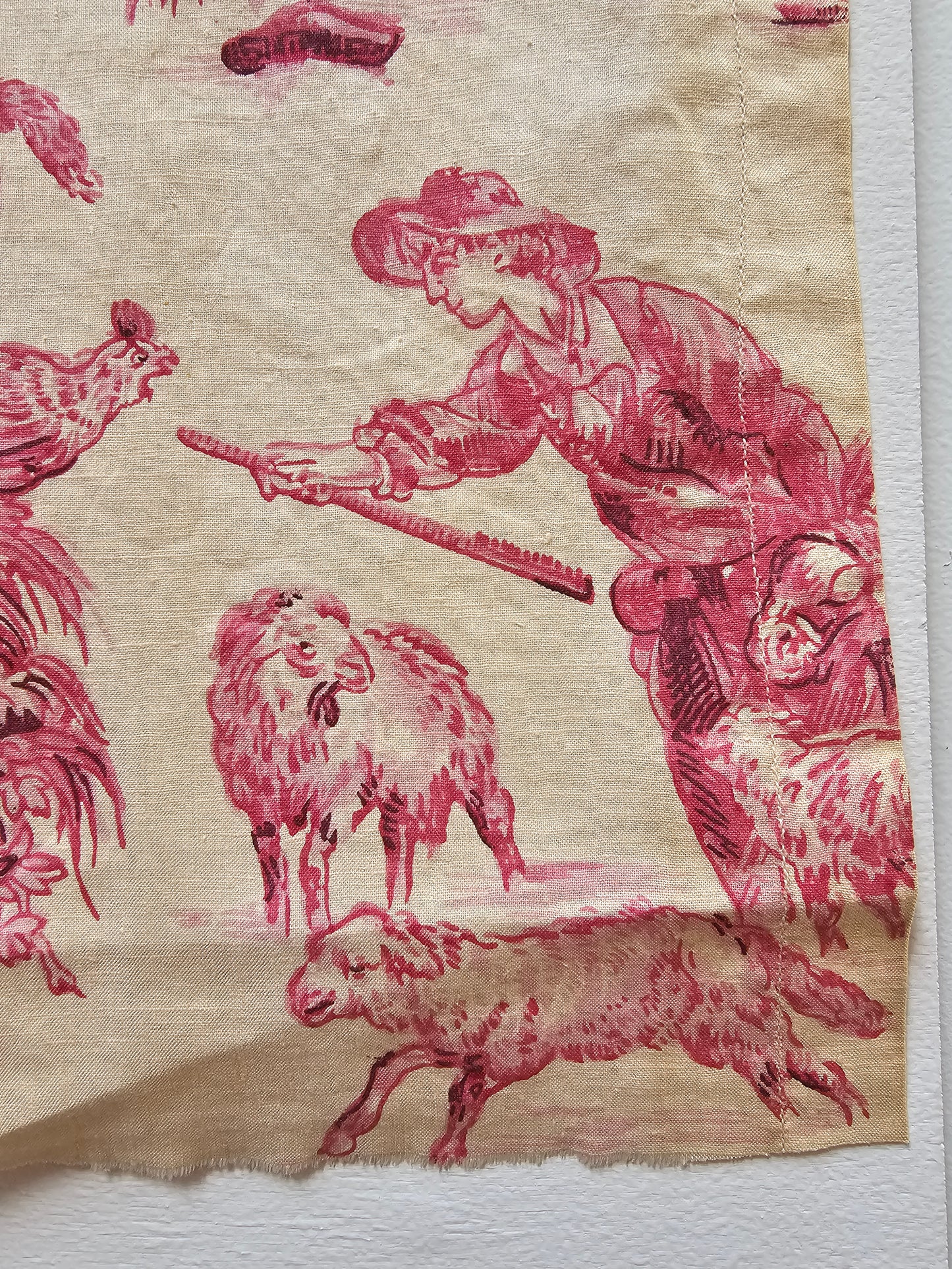 Antique French 'Milking' Raspberry Toile Fabric Cotton Piece 65x40cm