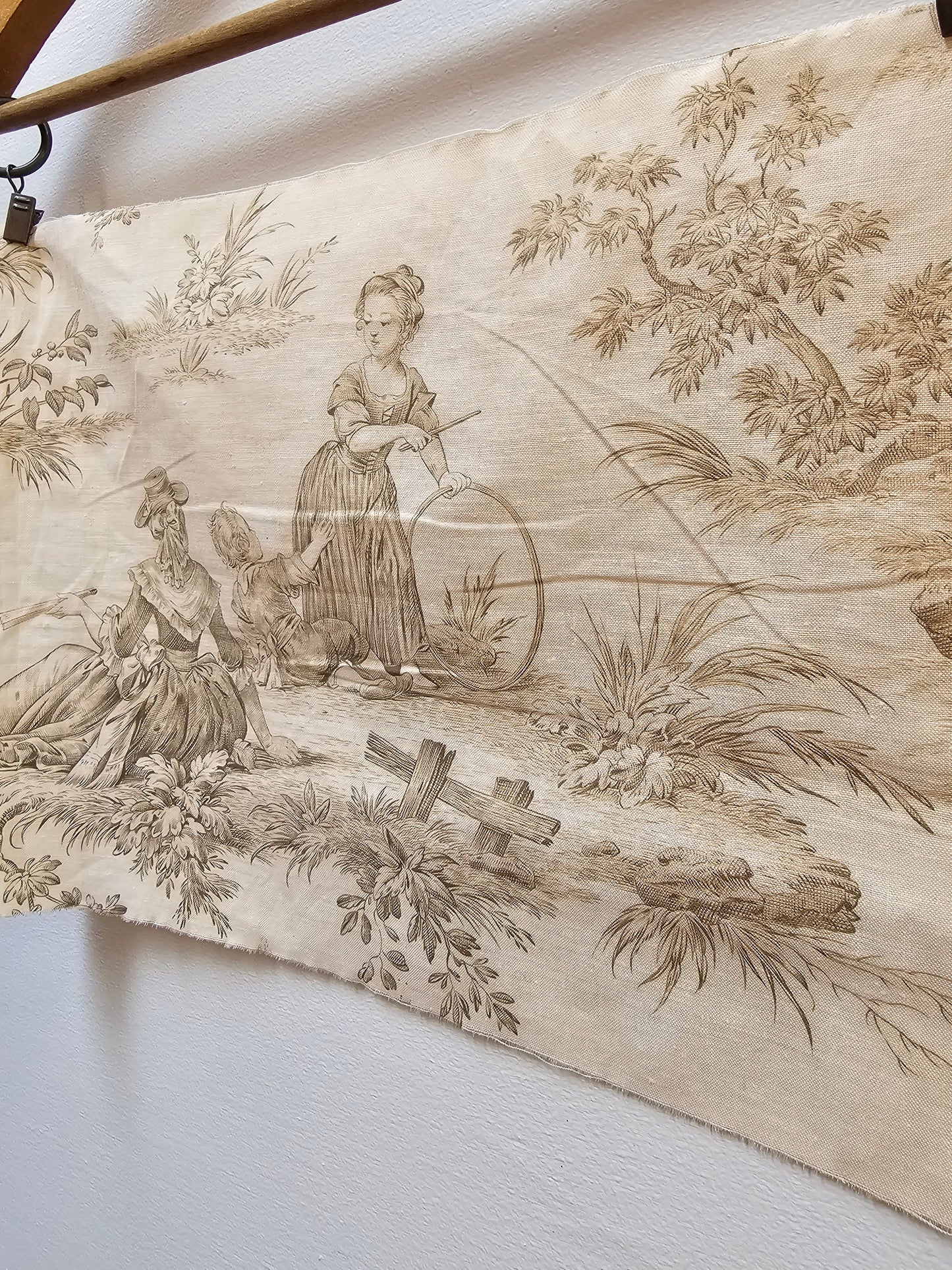 Antique French 'Hoop Game' Green Toile Fabric Cotton Piece