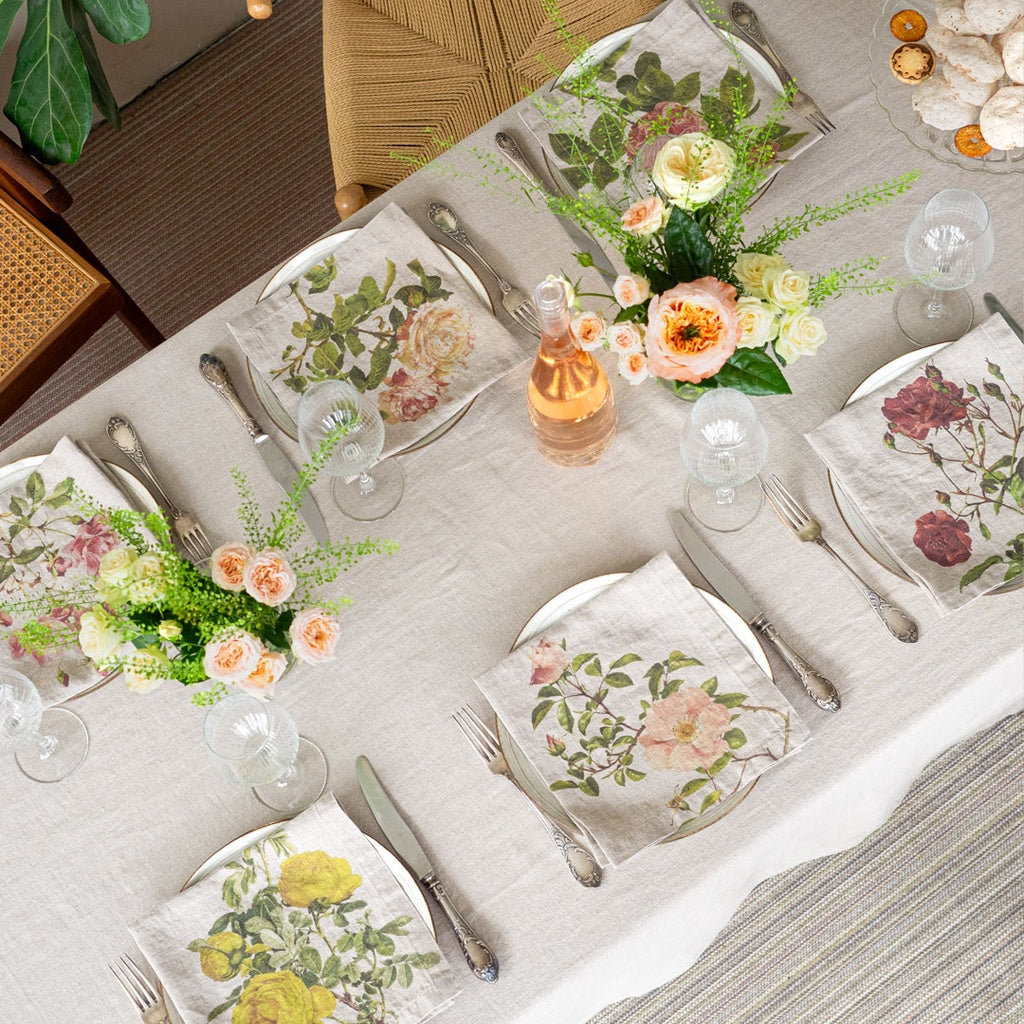 European Linen 'Roses' Set of 6 Linen Napkins - Natural