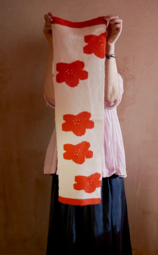 Sula Cashmere Flower Scarf - Red And Cream