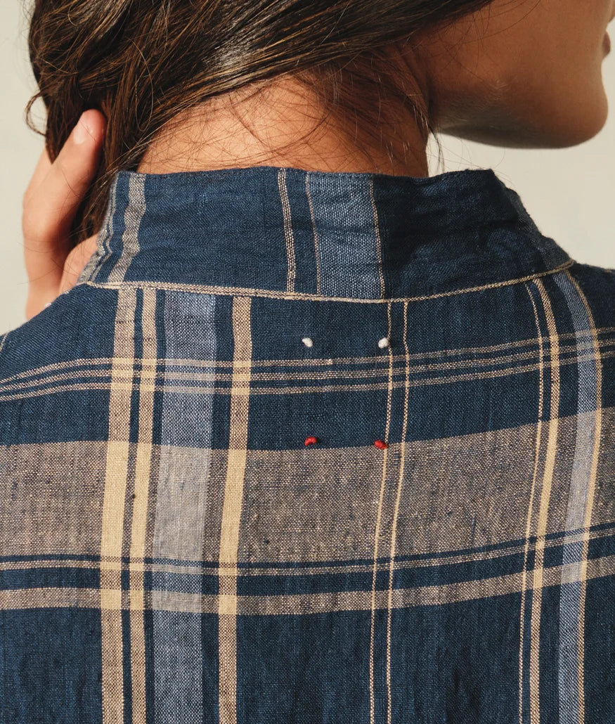 DVE 'Tara' Linen Dress - Navy And Beige Check