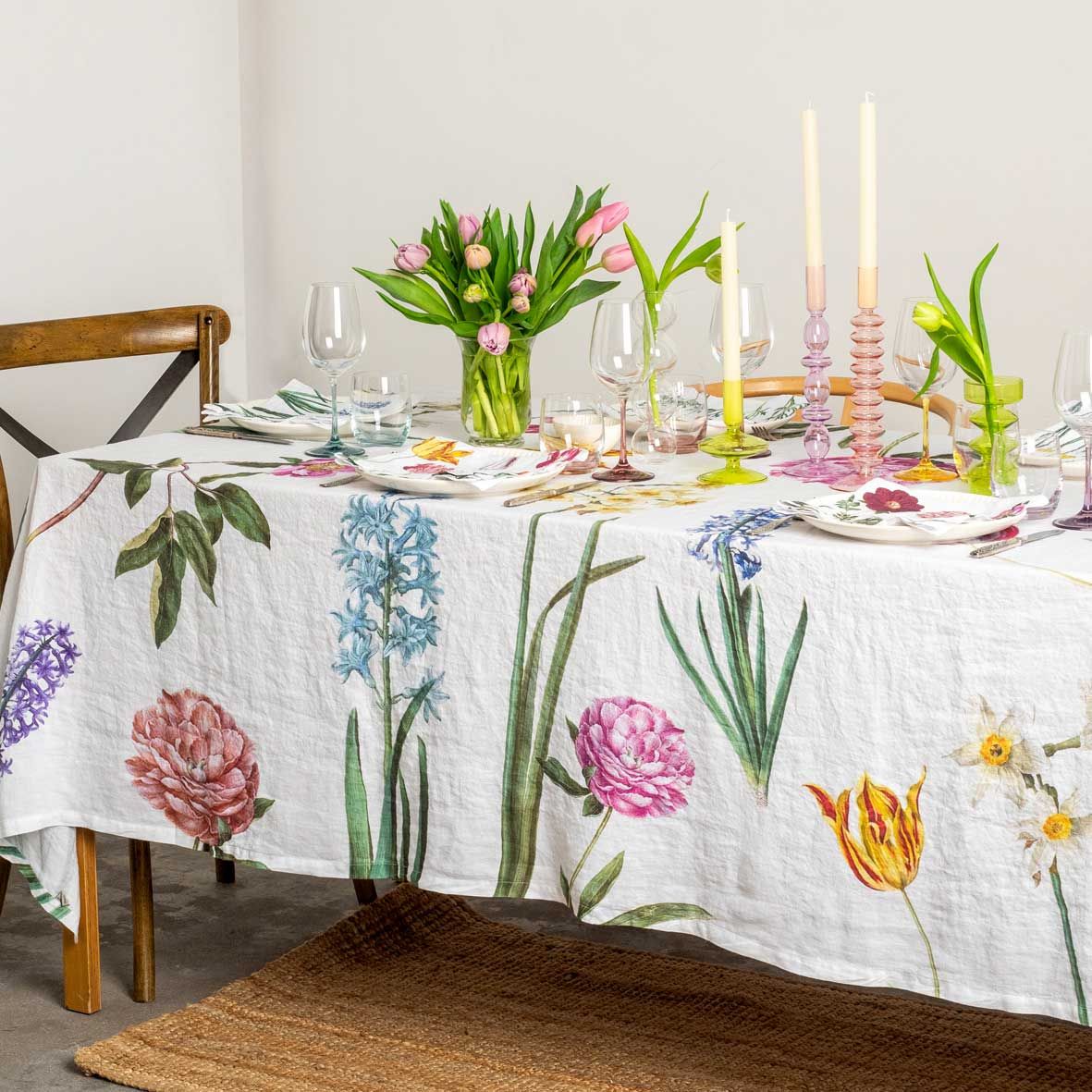 PRE-ORDER European Linen 'Early Flowers' White Table Cloth