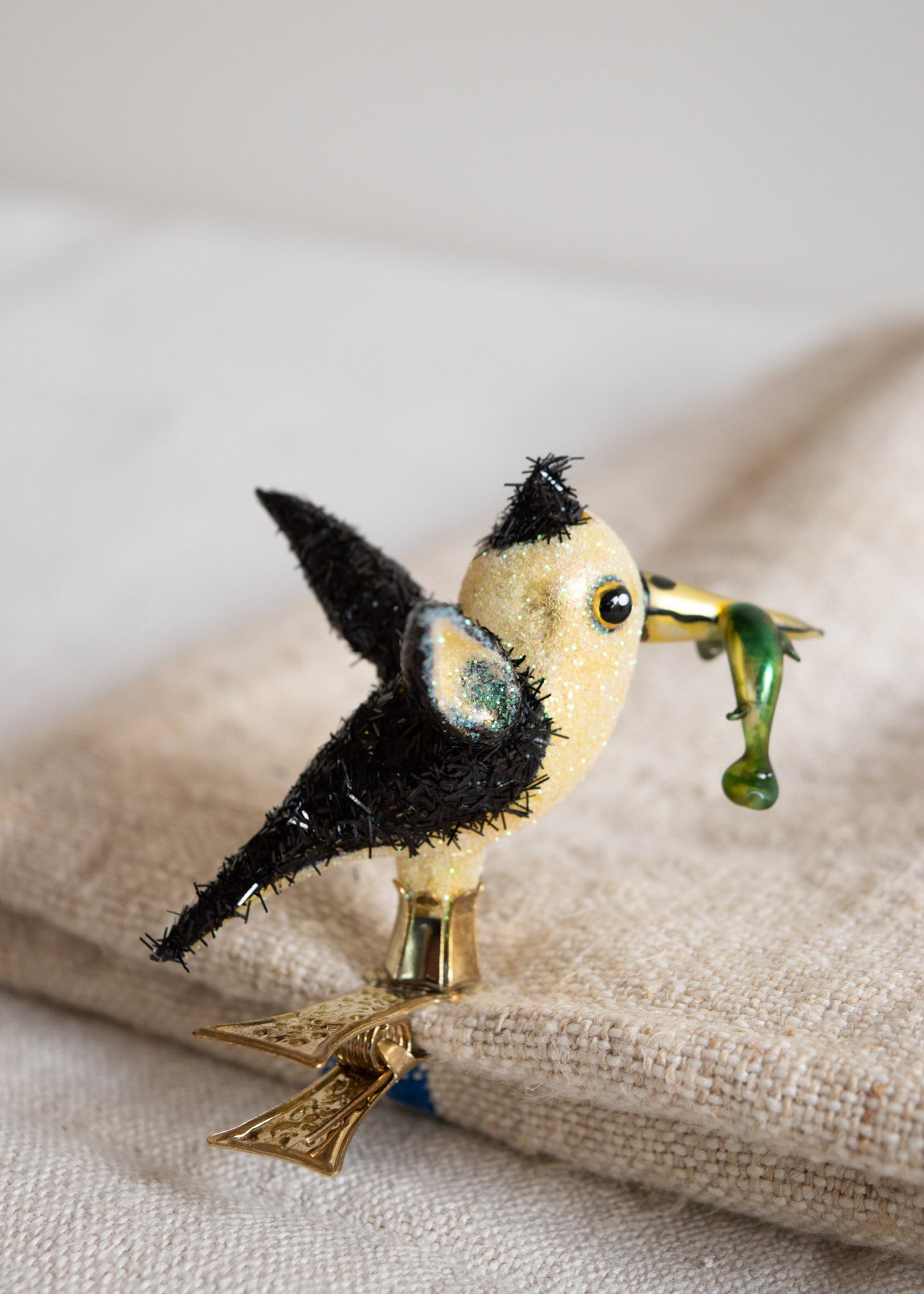 Polish Glass Christmas Ornament - Tiny Bird with Fish