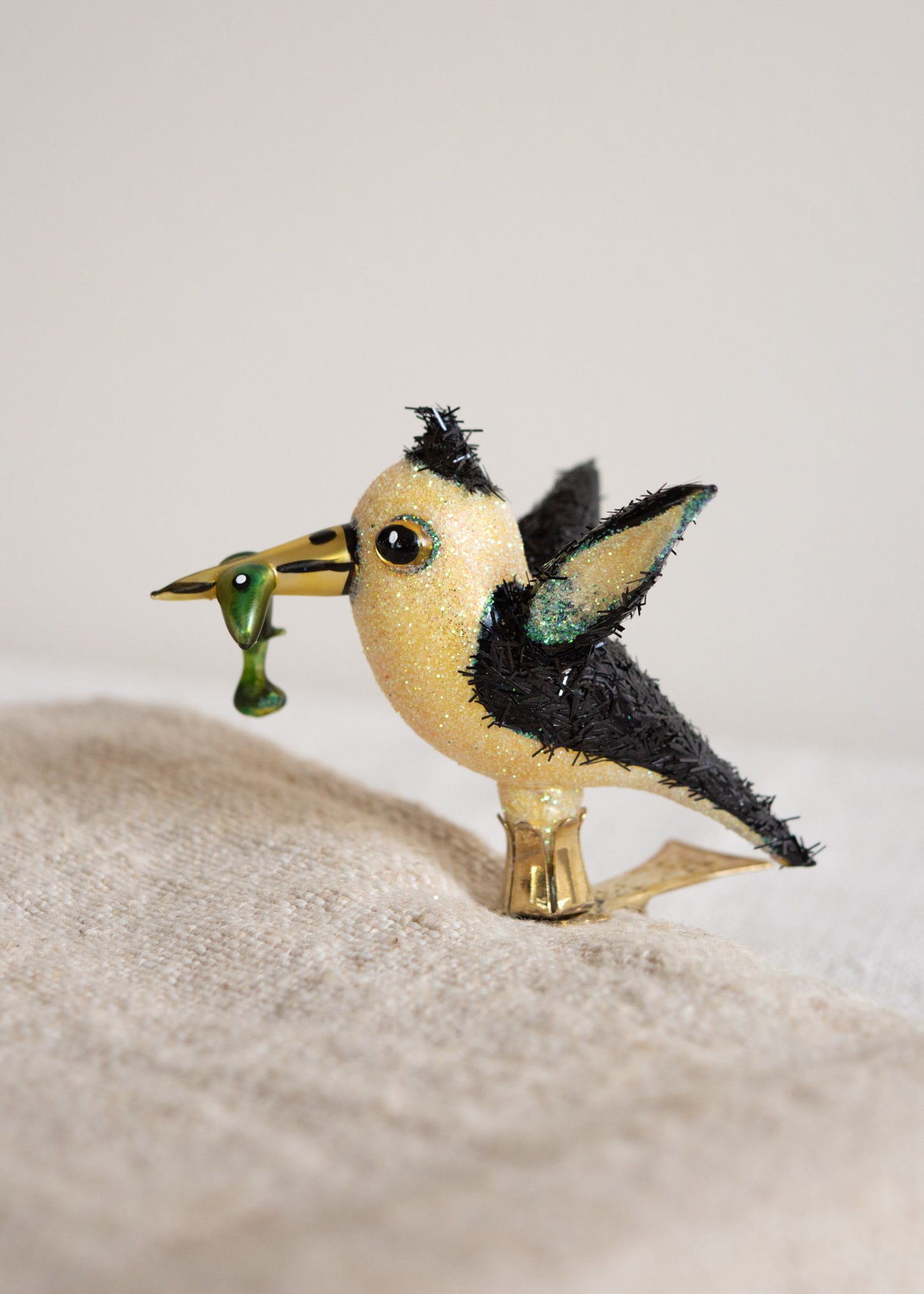 Polish Glass Christmas Ornament - Tiny Bird with Fish