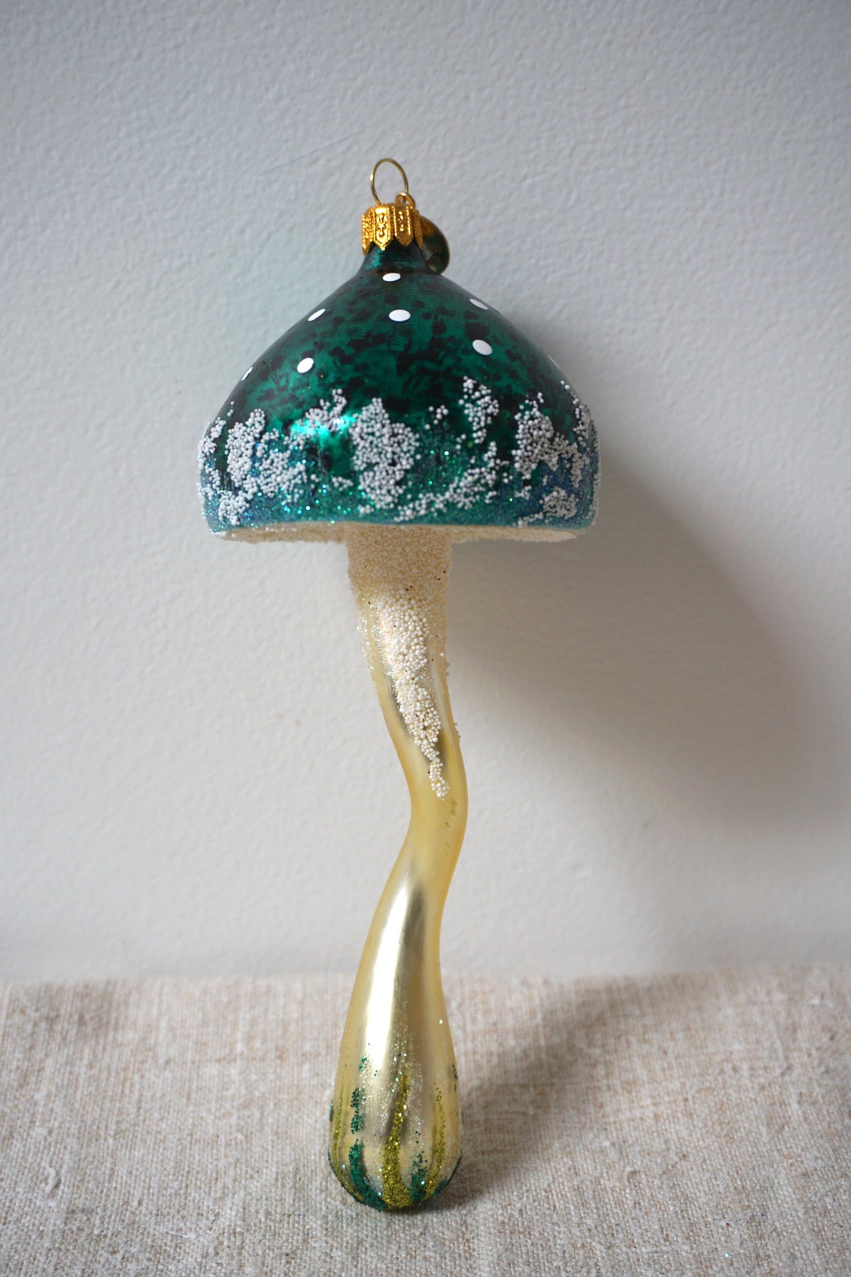Polish Glass Christmas Ornament - Medium Green Mushroom