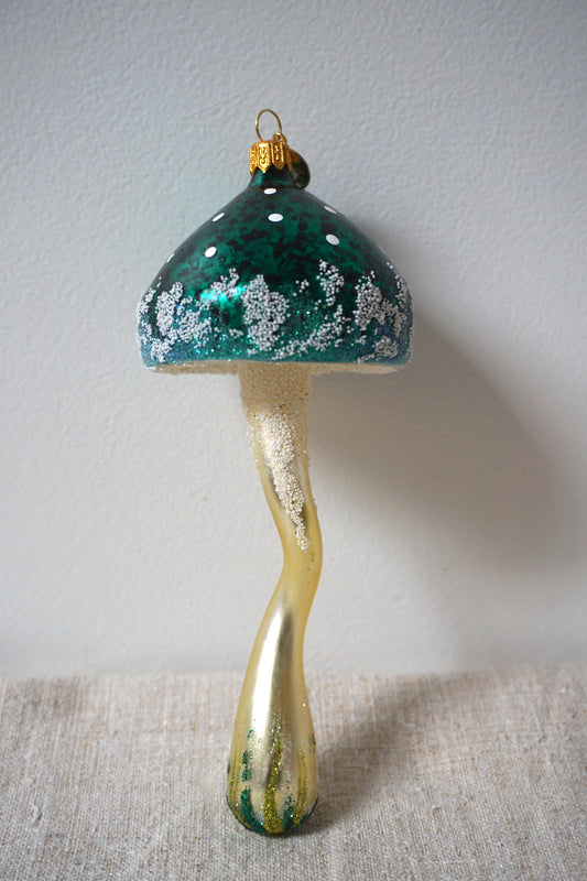 Polish Glass Christmas Ornament - Medium Green Mushroom