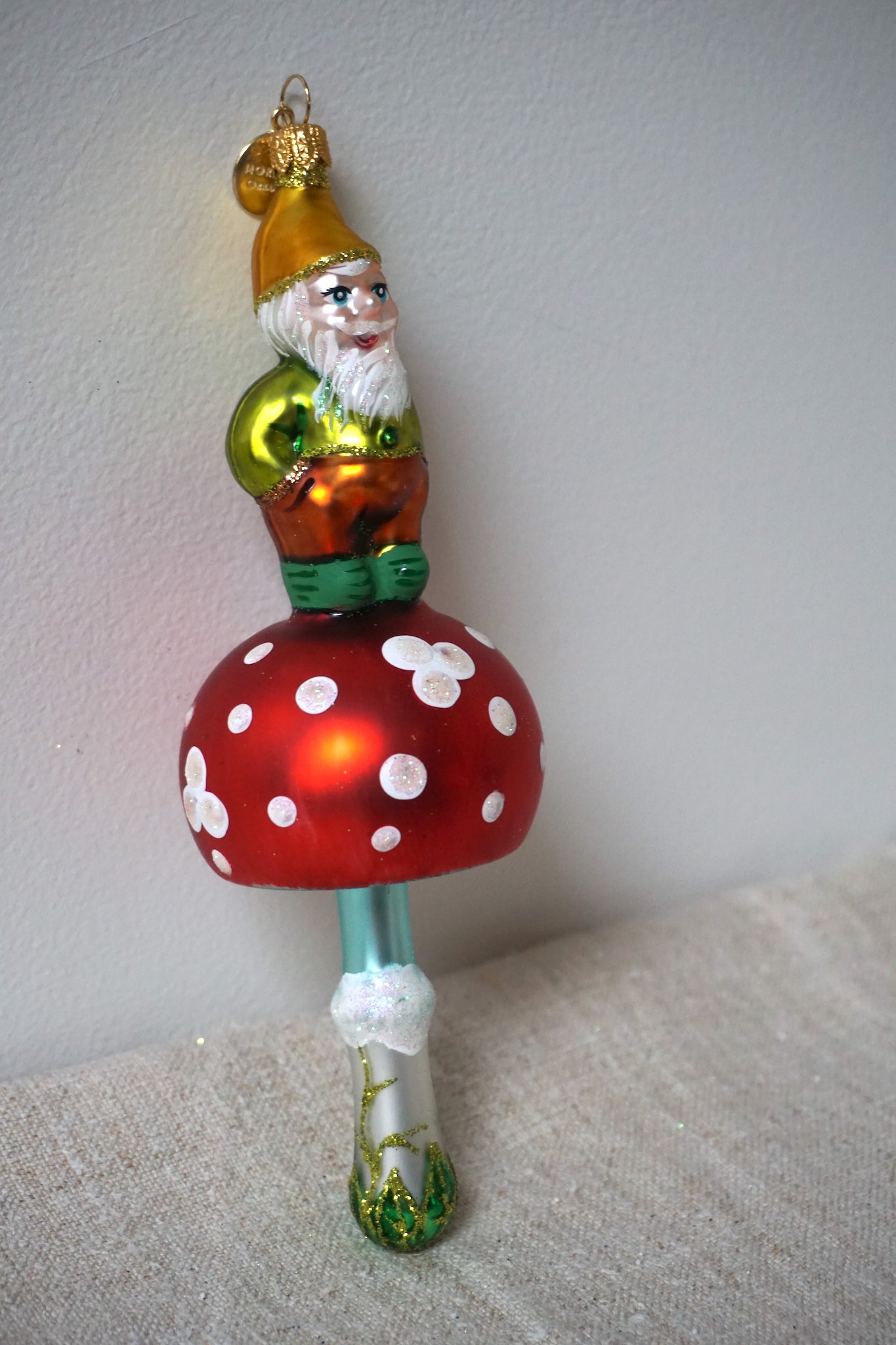 Polish Glass Christmas Ornament - Green & Orange Gnome on Mushroom