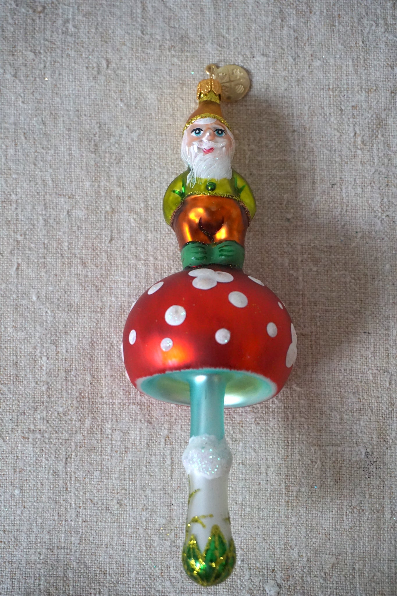 Polish Glass Christmas Ornament - Green & Orange Gnome on Mushroom