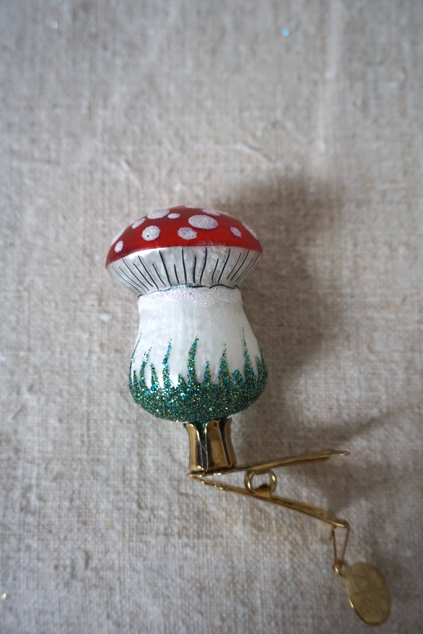 Polish Glass Christmas Ornament - Small Mushroom with Face & Clip