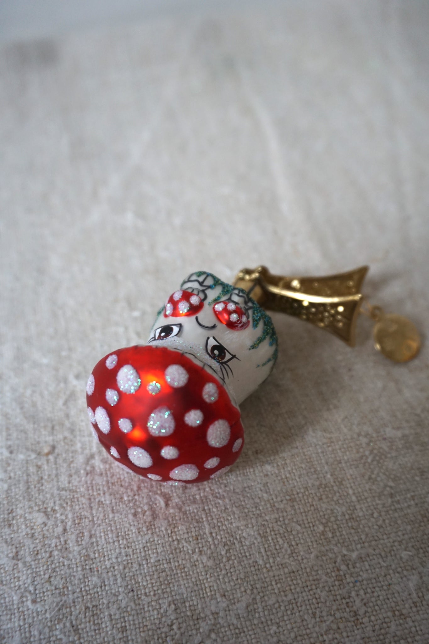 Polish Glass Christmas Ornament - Small Mushroom with Face & Clip