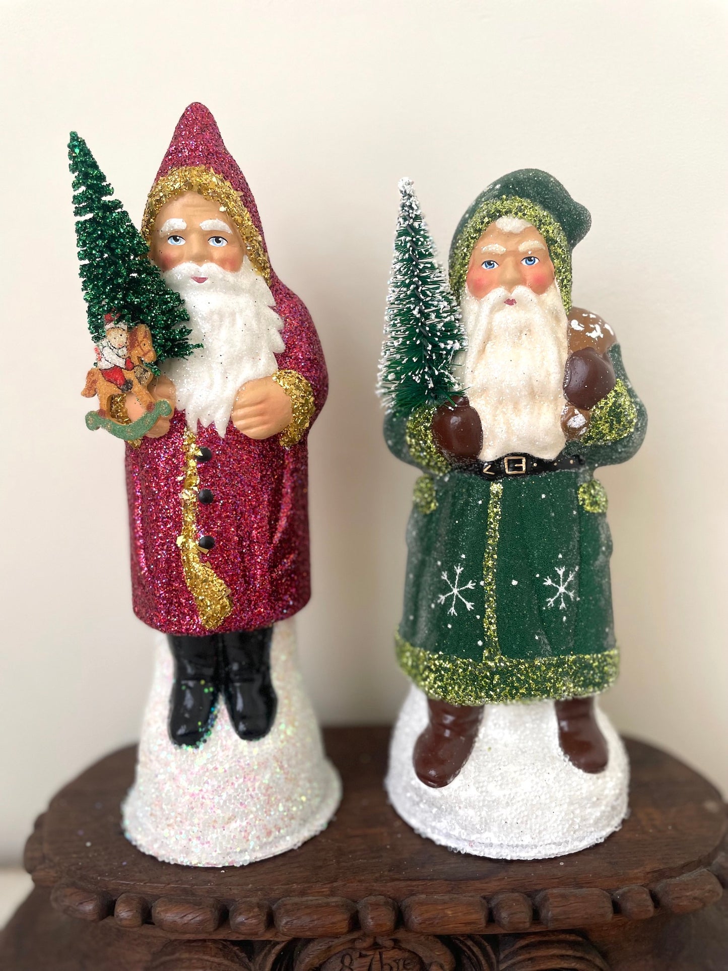 Handmade German Santas - Medium Green & Pink