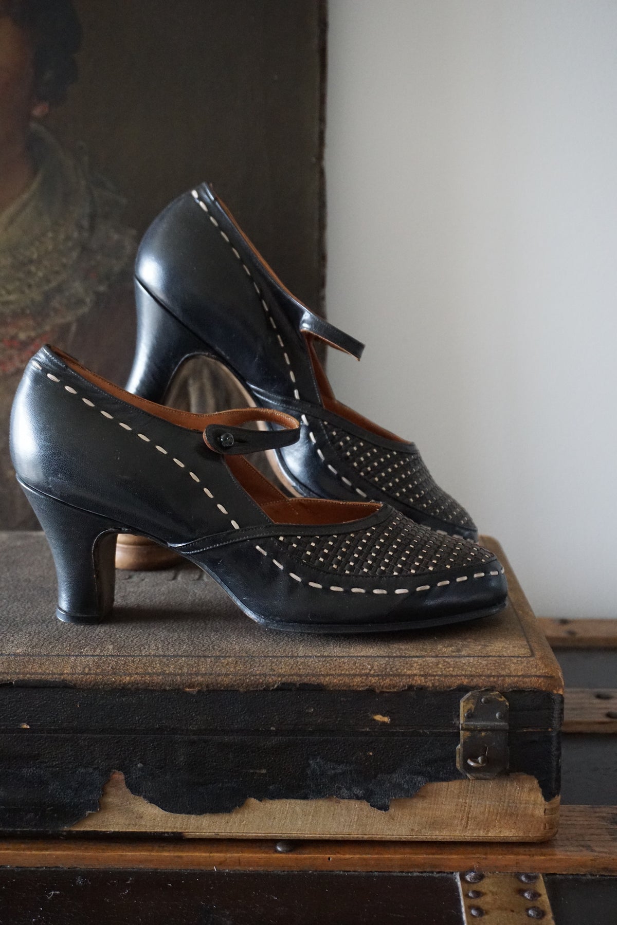 Vintage French Black Cream Leather Heels