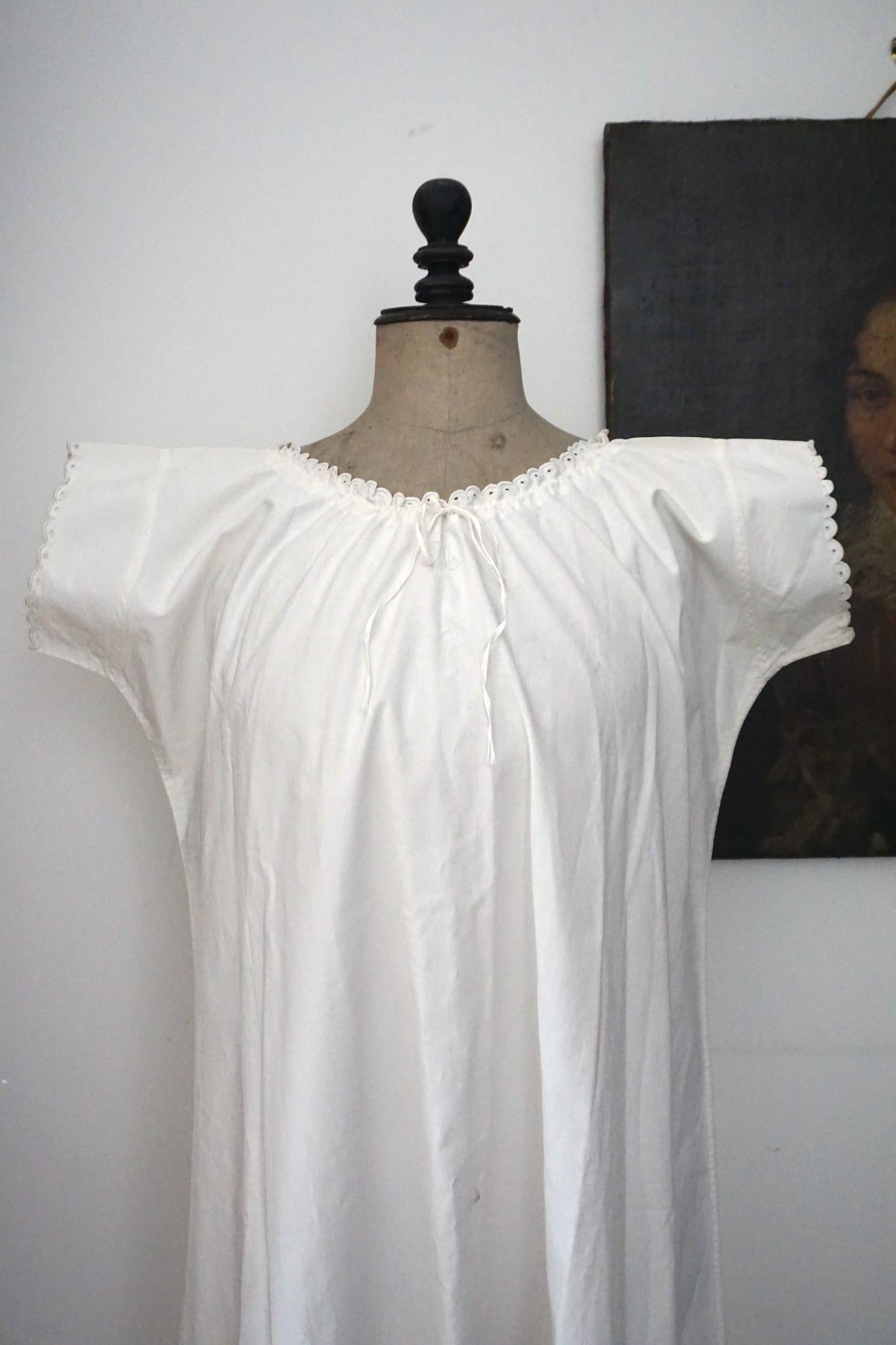 Vintage French Cotton Nightie with Scalloped Sleeves