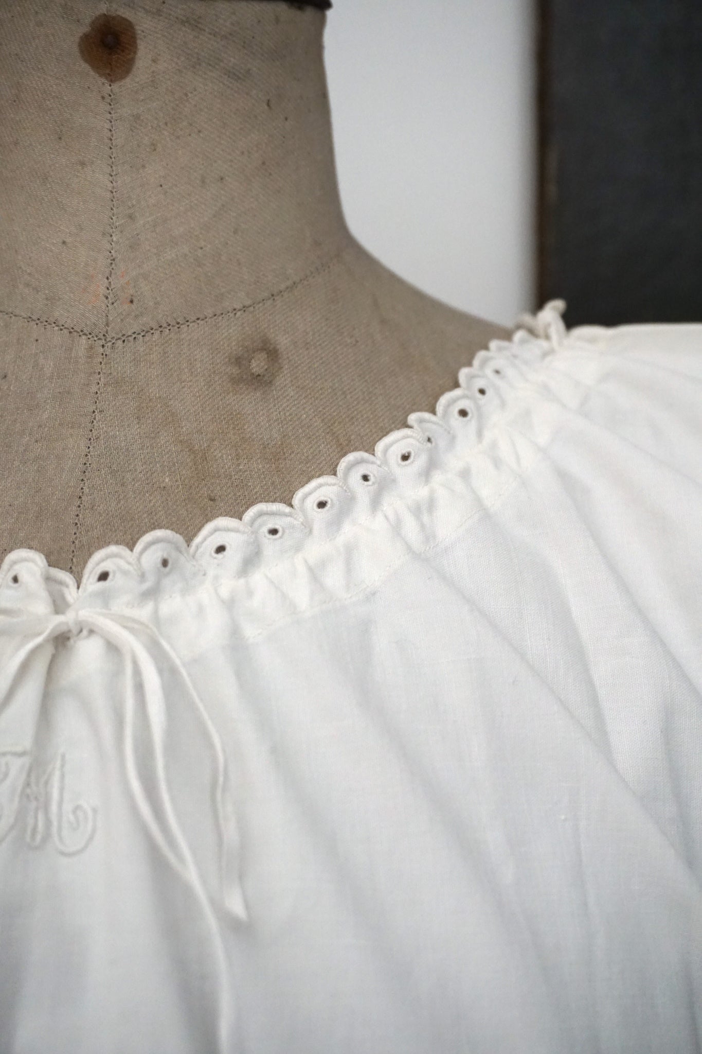 Vintage French Cotton Nightie with Scalloped Sleeves