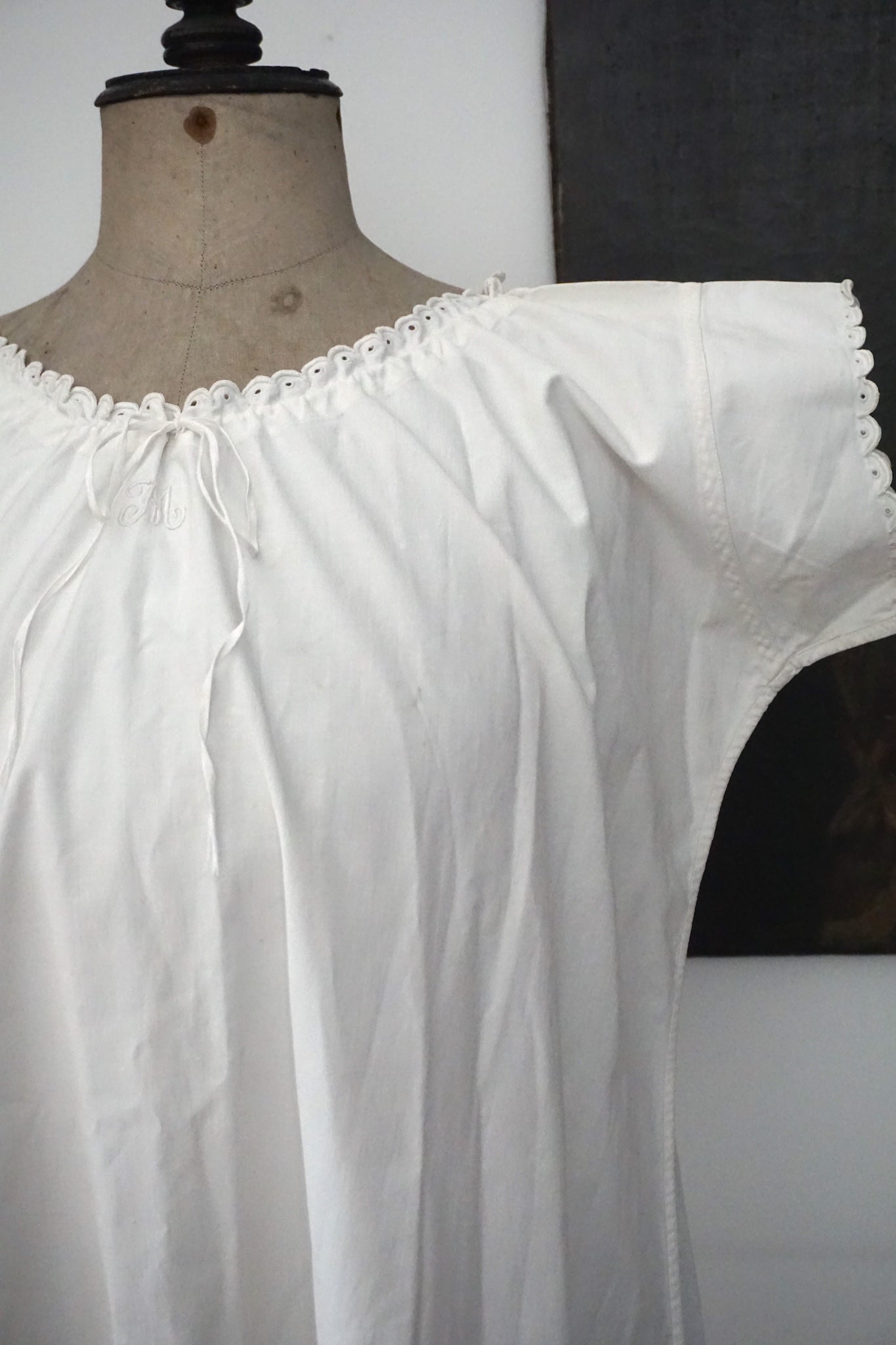 Vintage French Cotton Nightie with Scalloped Sleeves