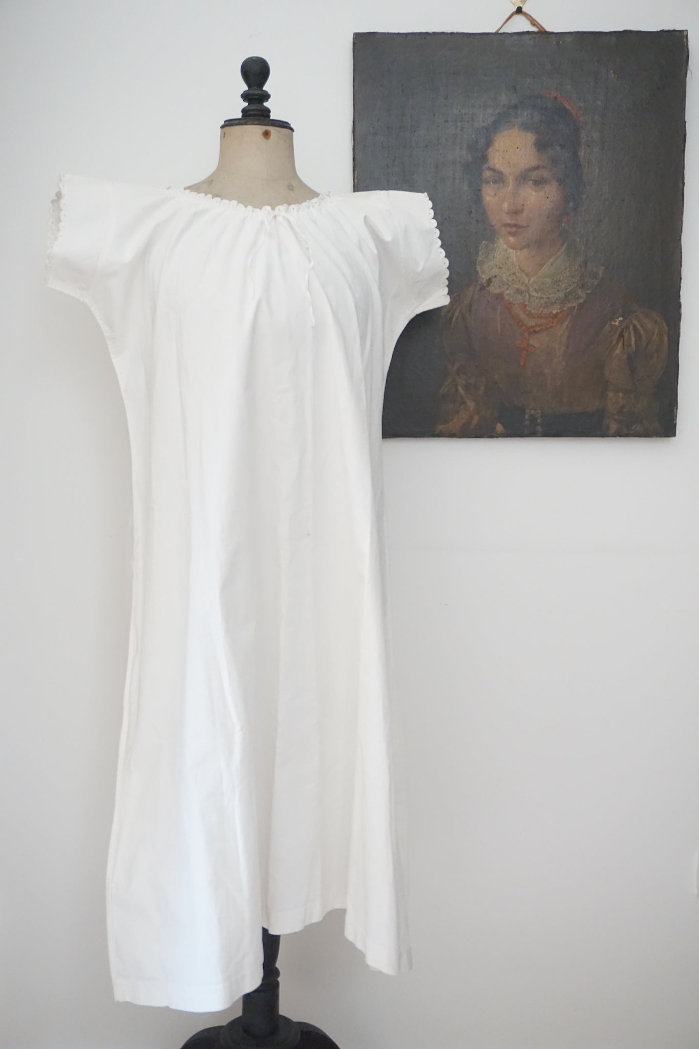 Vintage French Cotton Nightie with Scalloped Sleeves