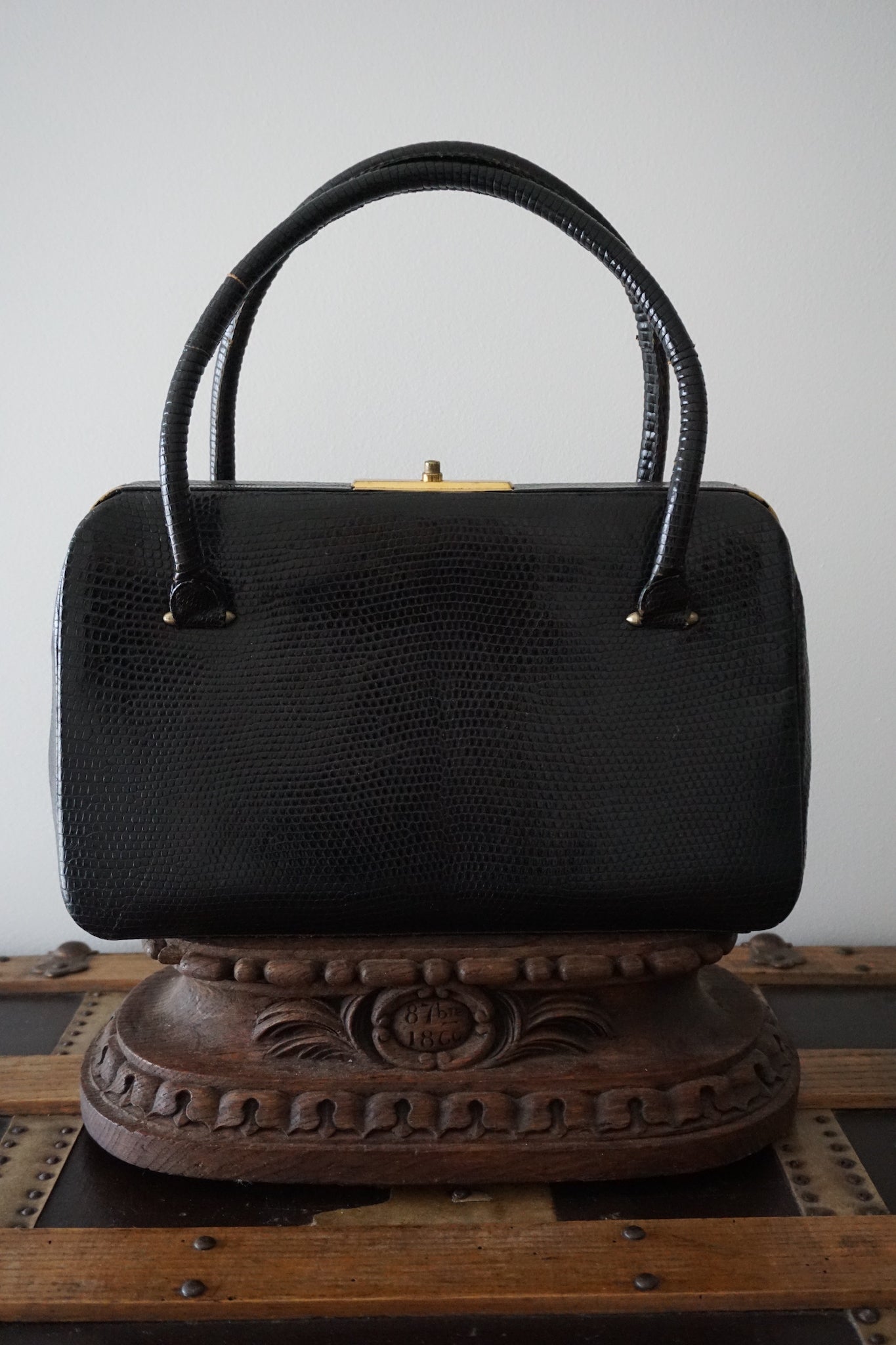 Vintage French Large Black Snake Skin Handbag