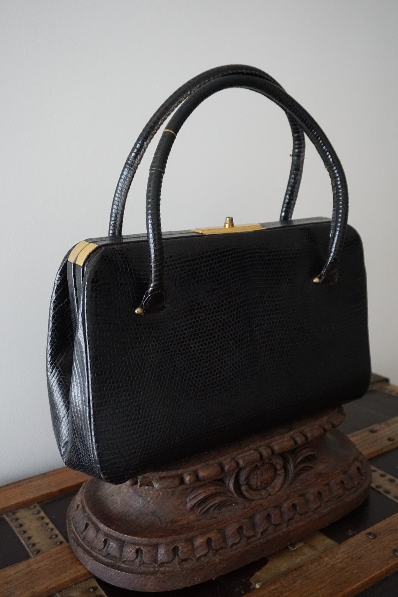 Vintage French Large Black Snake Skin Handbag