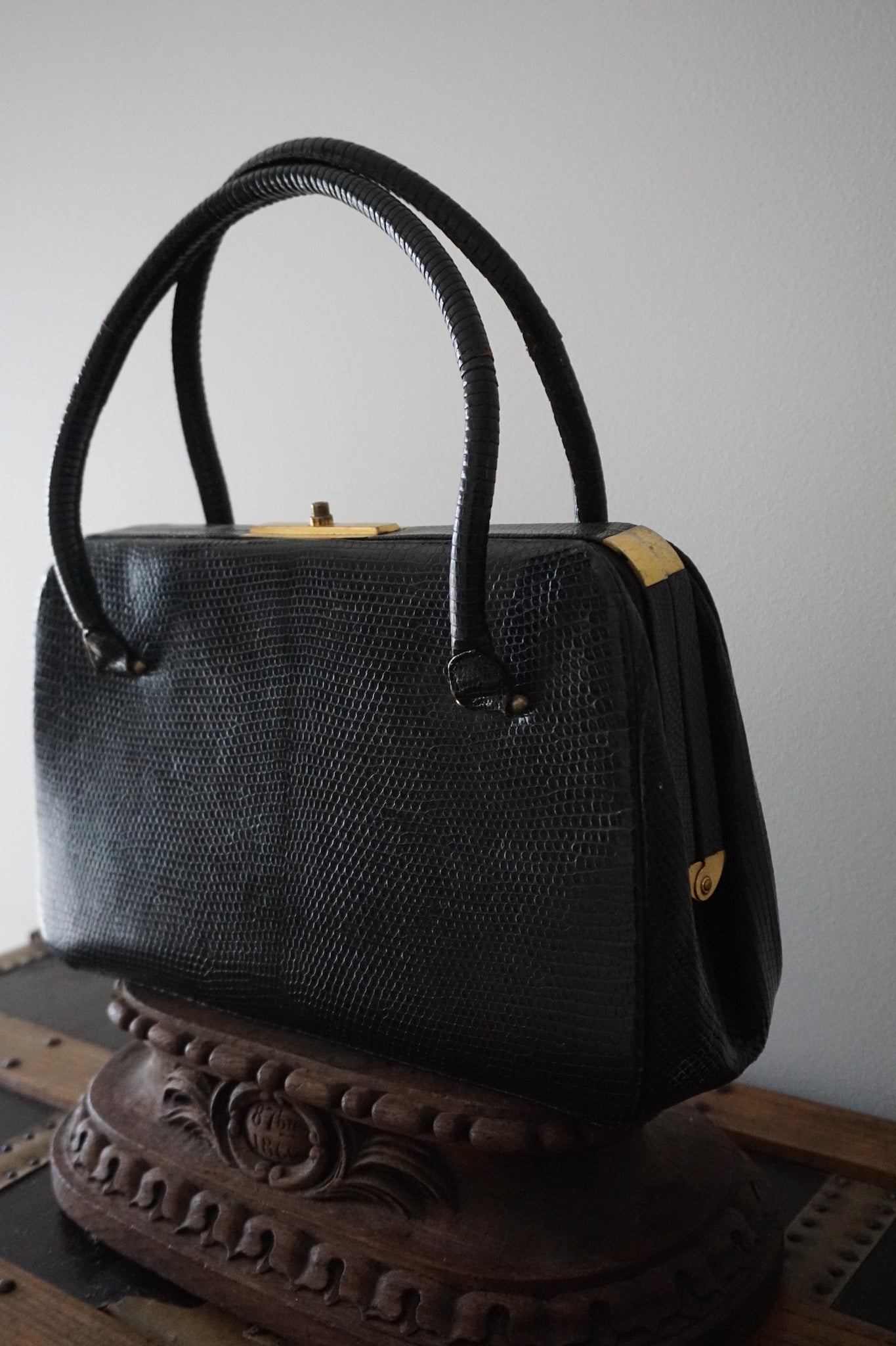 Vintage French Large Black Snake Skin Handbag