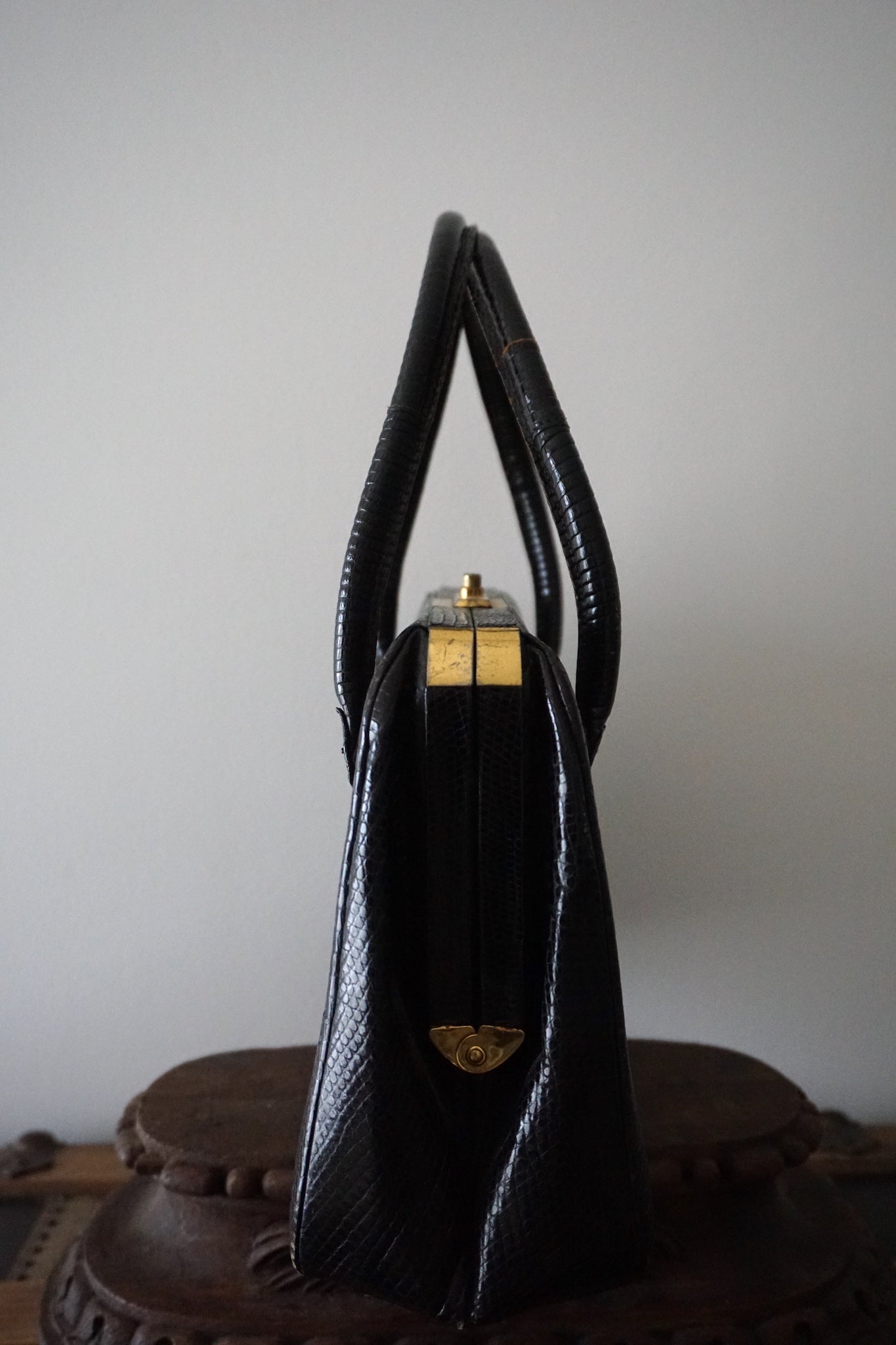 Vintage French Large Black Snake Skin Handbag