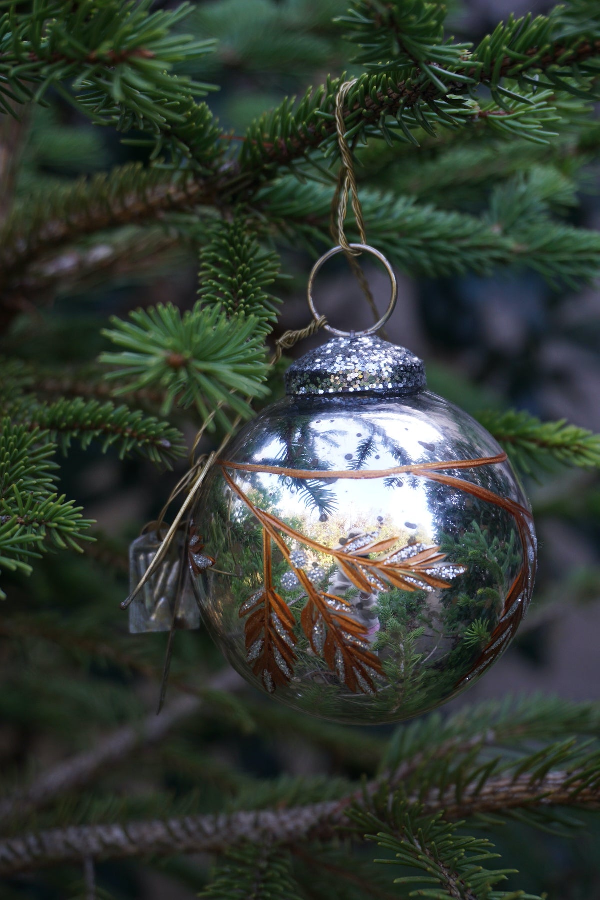 Walther & Co. Small Antique Silver Glass Ball - Copper Pine Branch