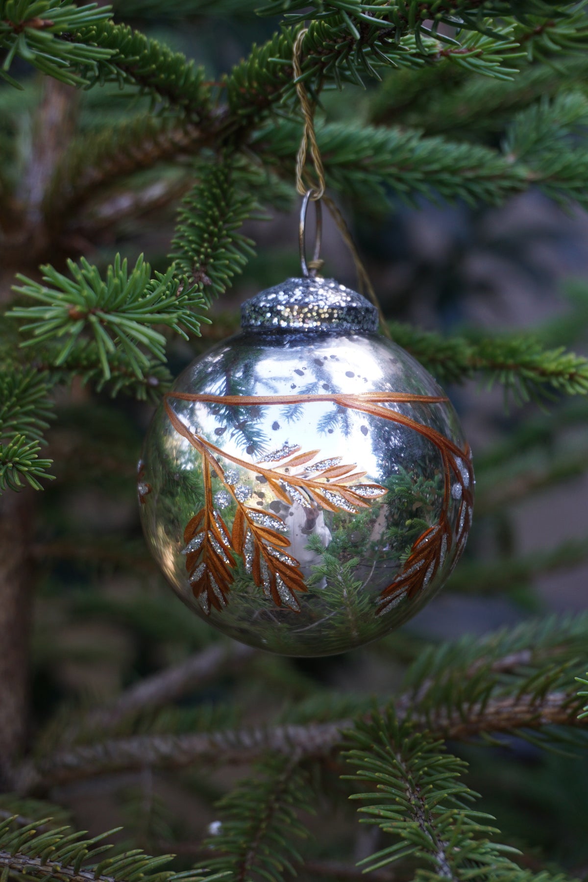 Walther & Co. Small Antique Silver Glass Ball - Copper Pine Branch