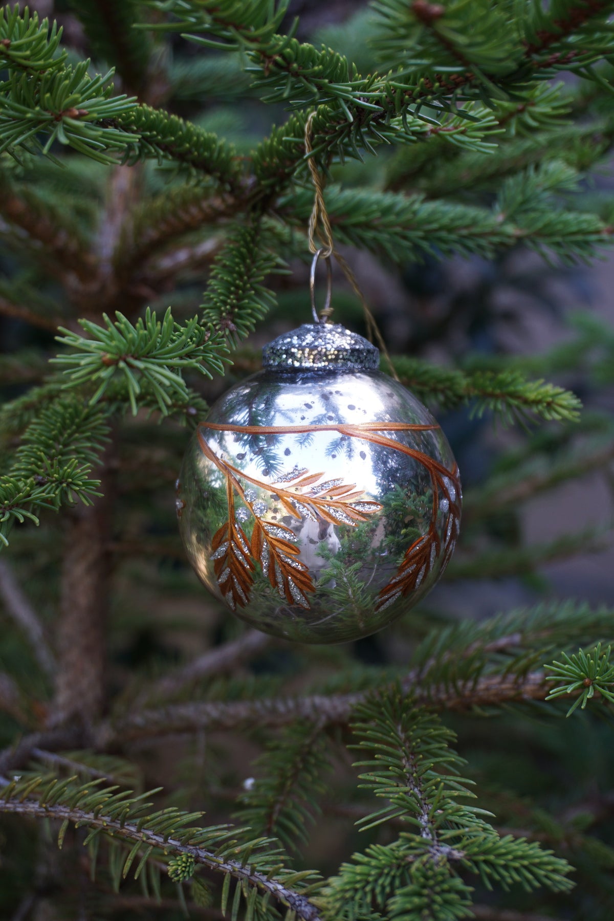 Walther & Co. Small Antique Silver Glass Ball - Copper Pine Branch