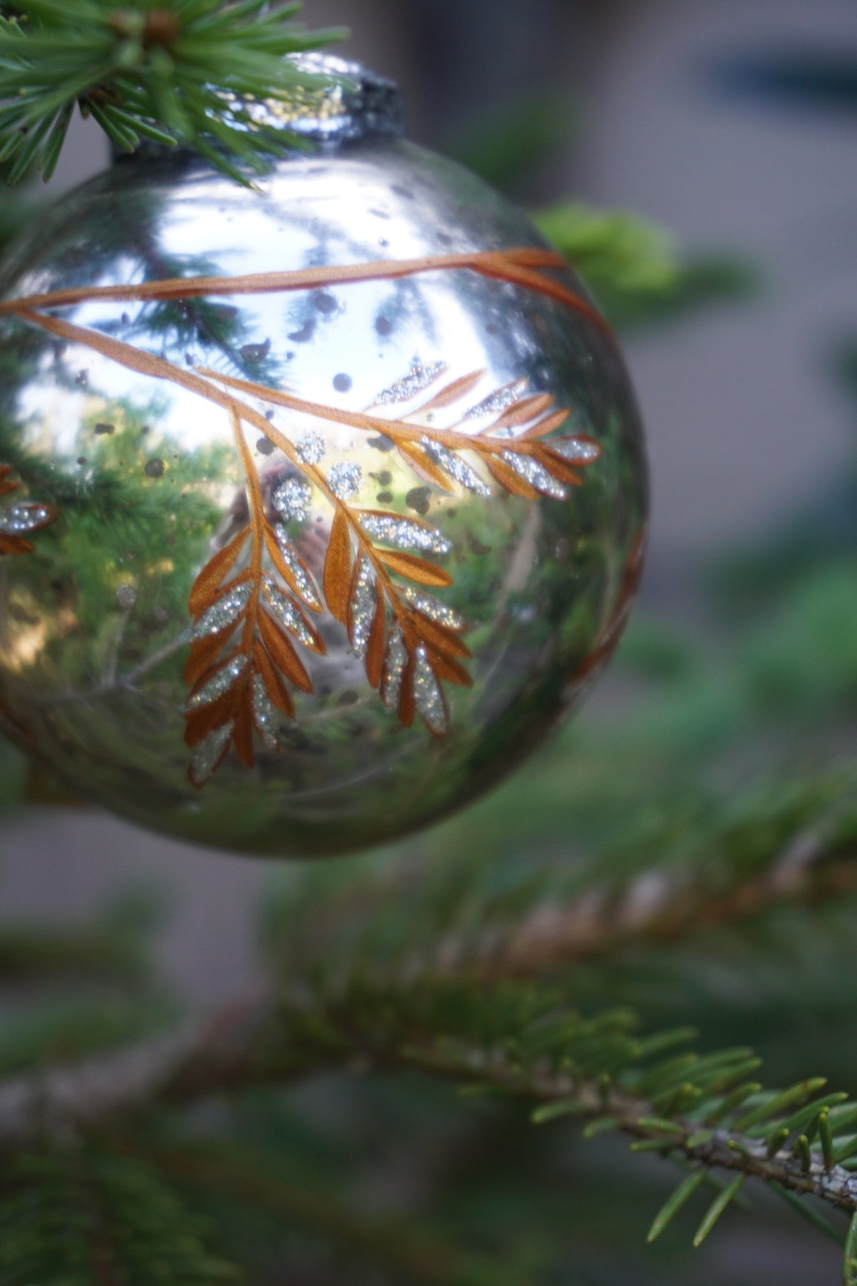 Walther & Co. Small Antique Silver Glass Ball - Copper Pine Branch