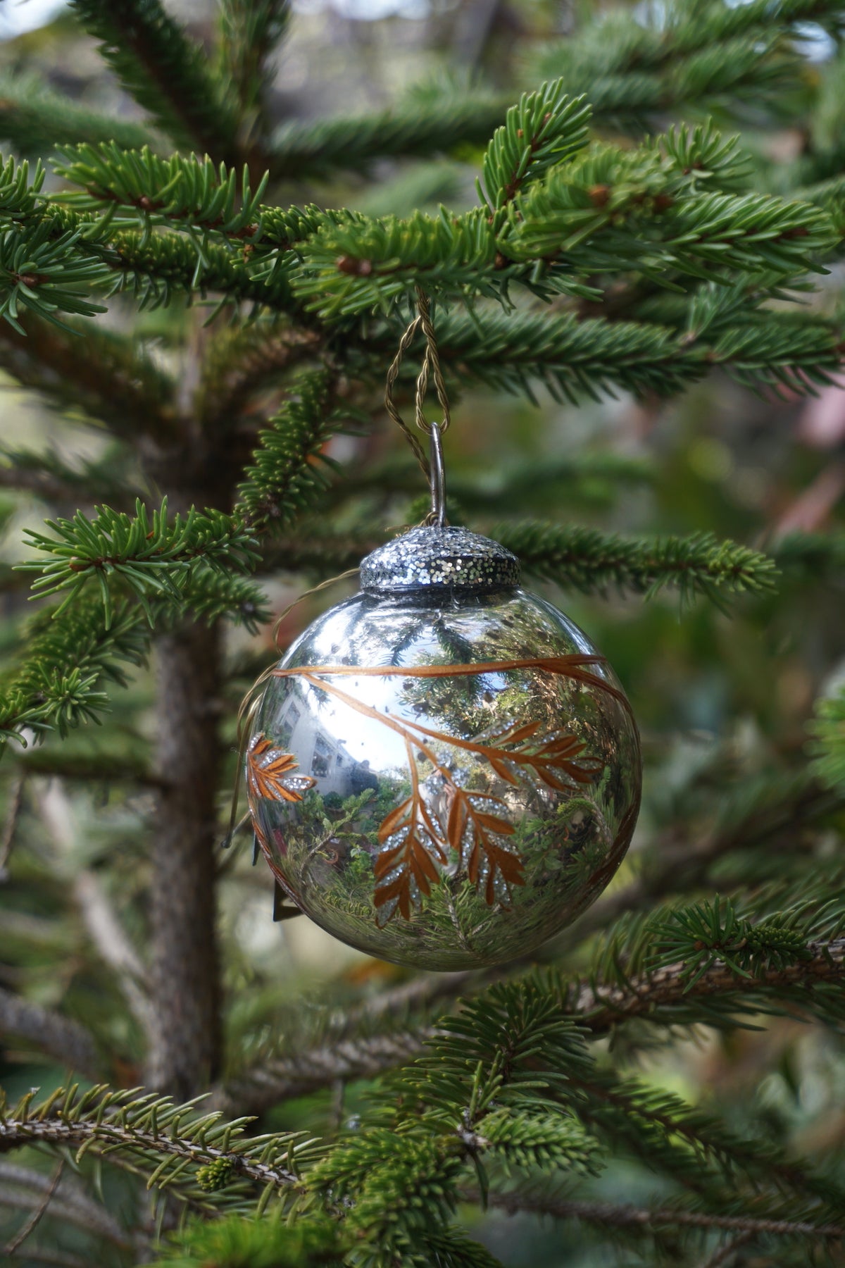 Walther & Co. Small Antique Silver Glass Ball - Copper Pine Branch
